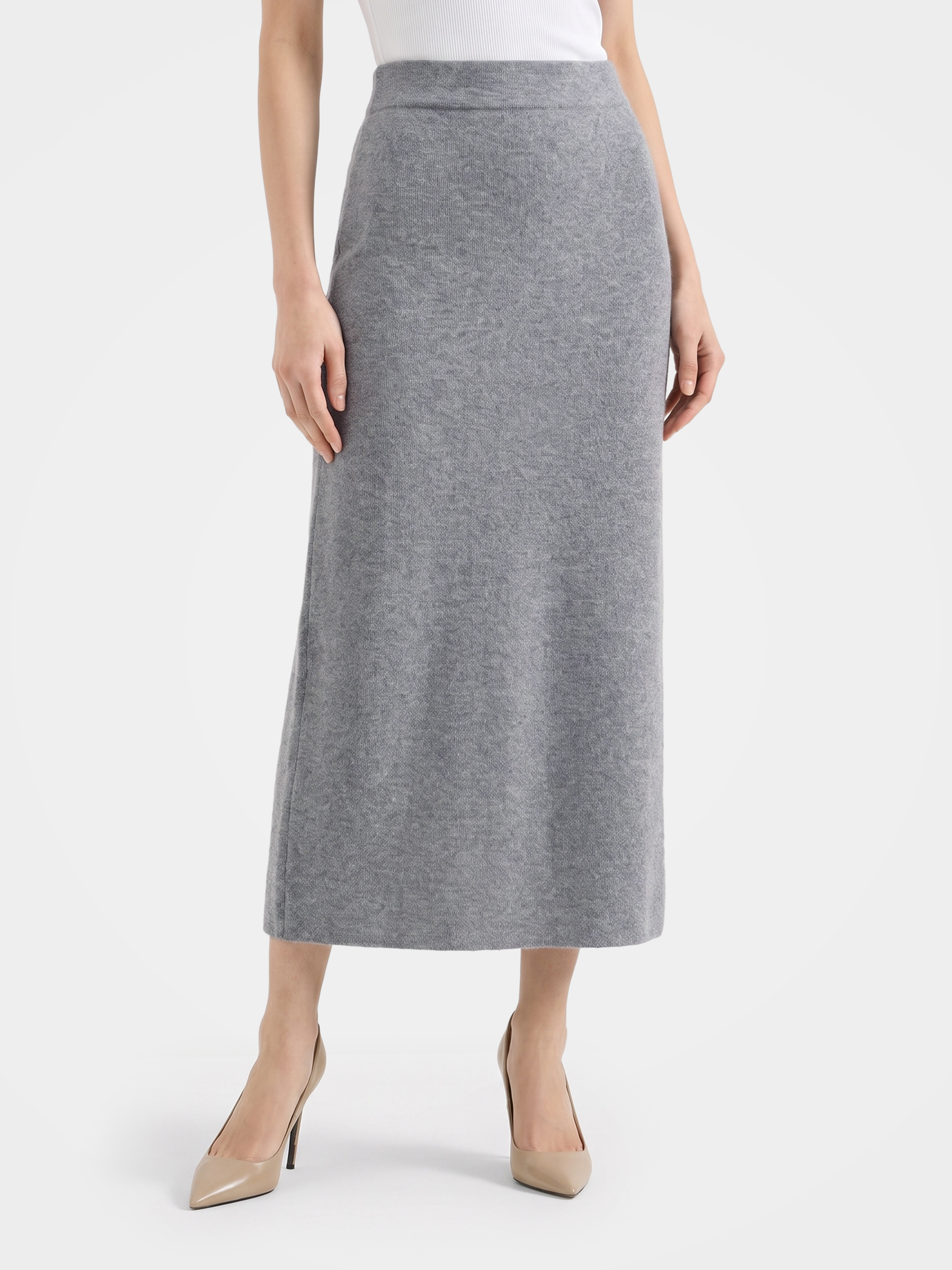 100% Mongolian Cashmere Midi Ribbed Waist Sweater Skirt