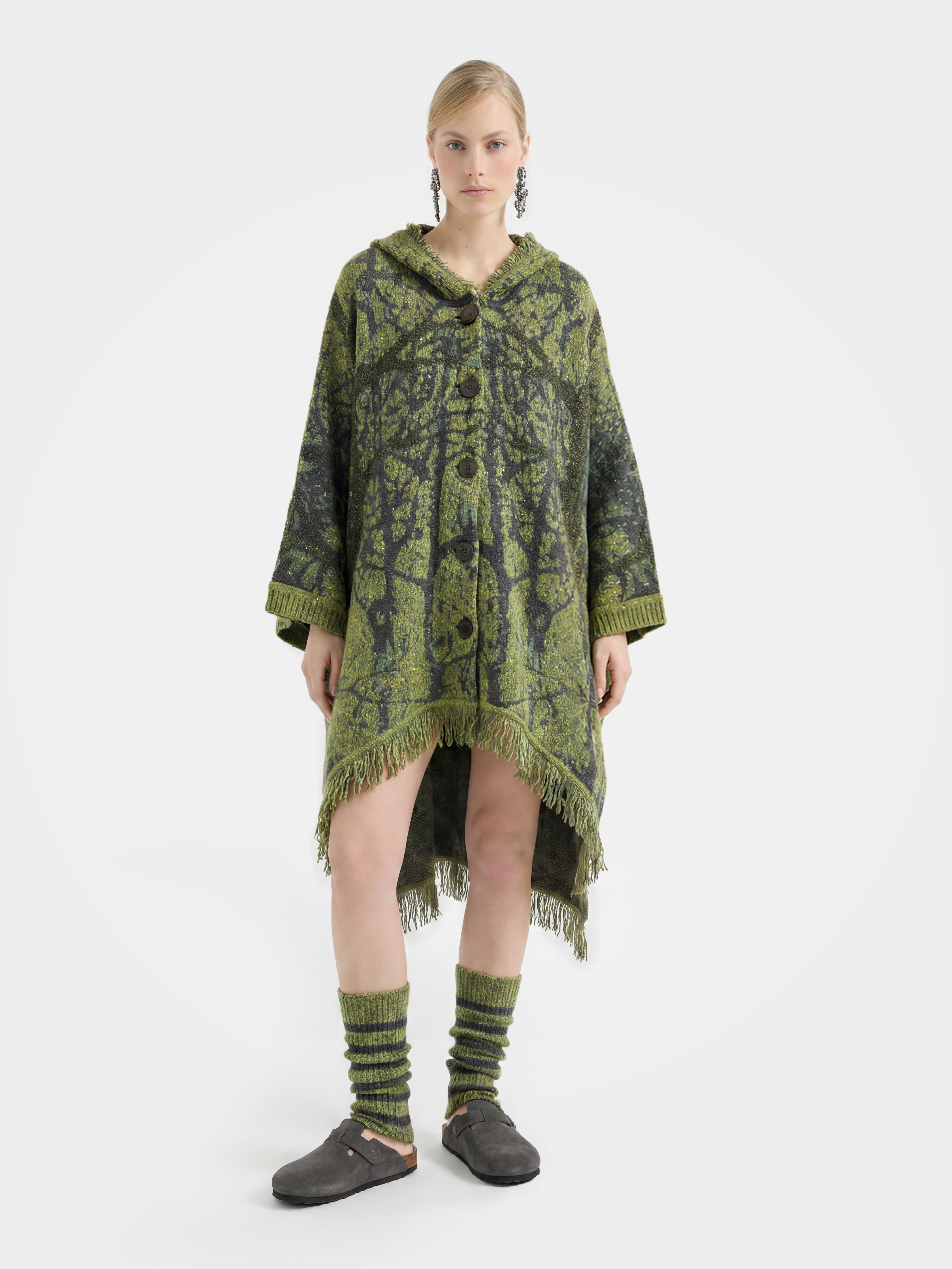 Textured Mongolian Cashmere Hoodie Knitted Fringe Sequin Poncho