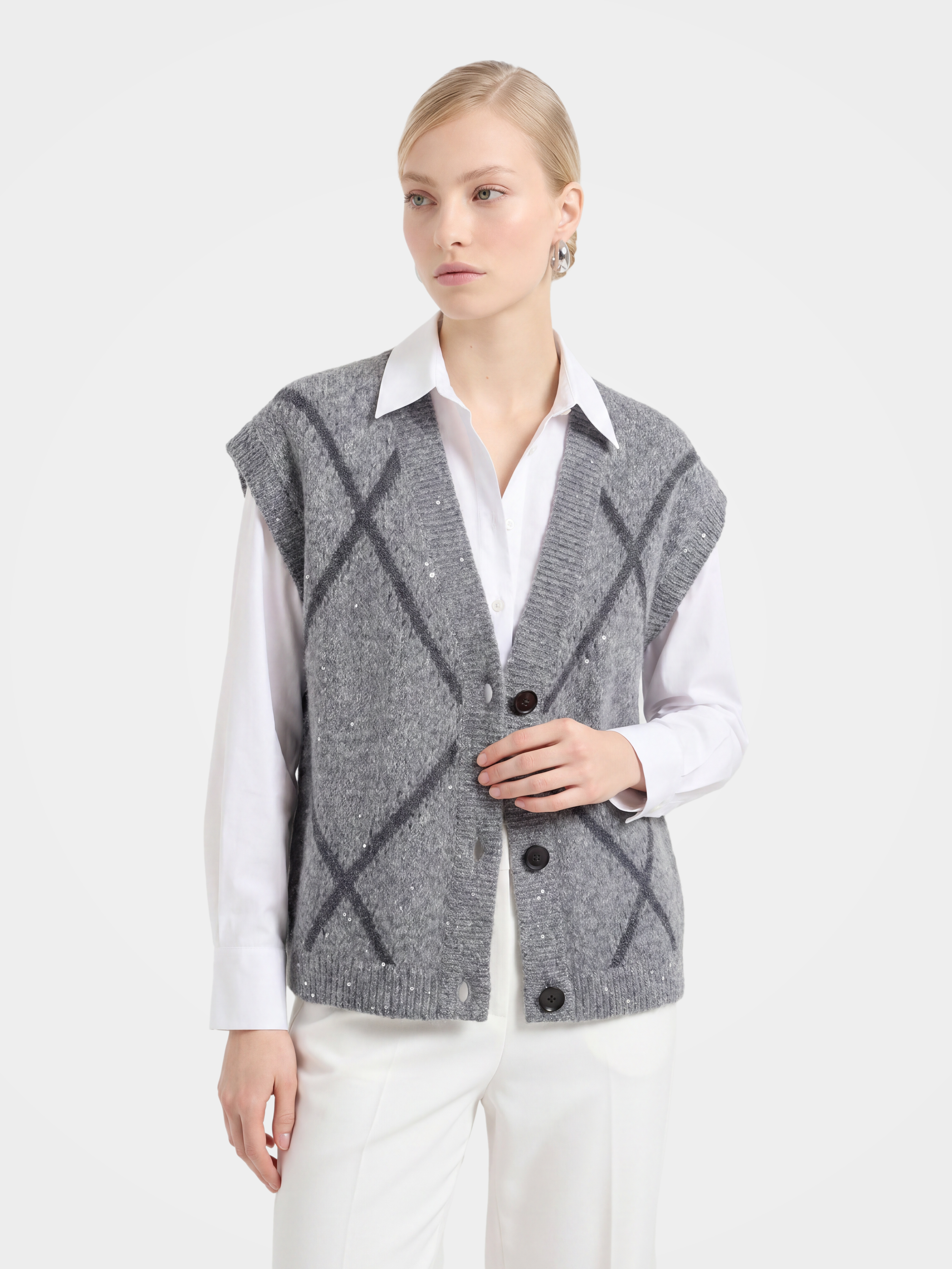 Textured Cashmere Silk Sequin Knit Button Vest Top