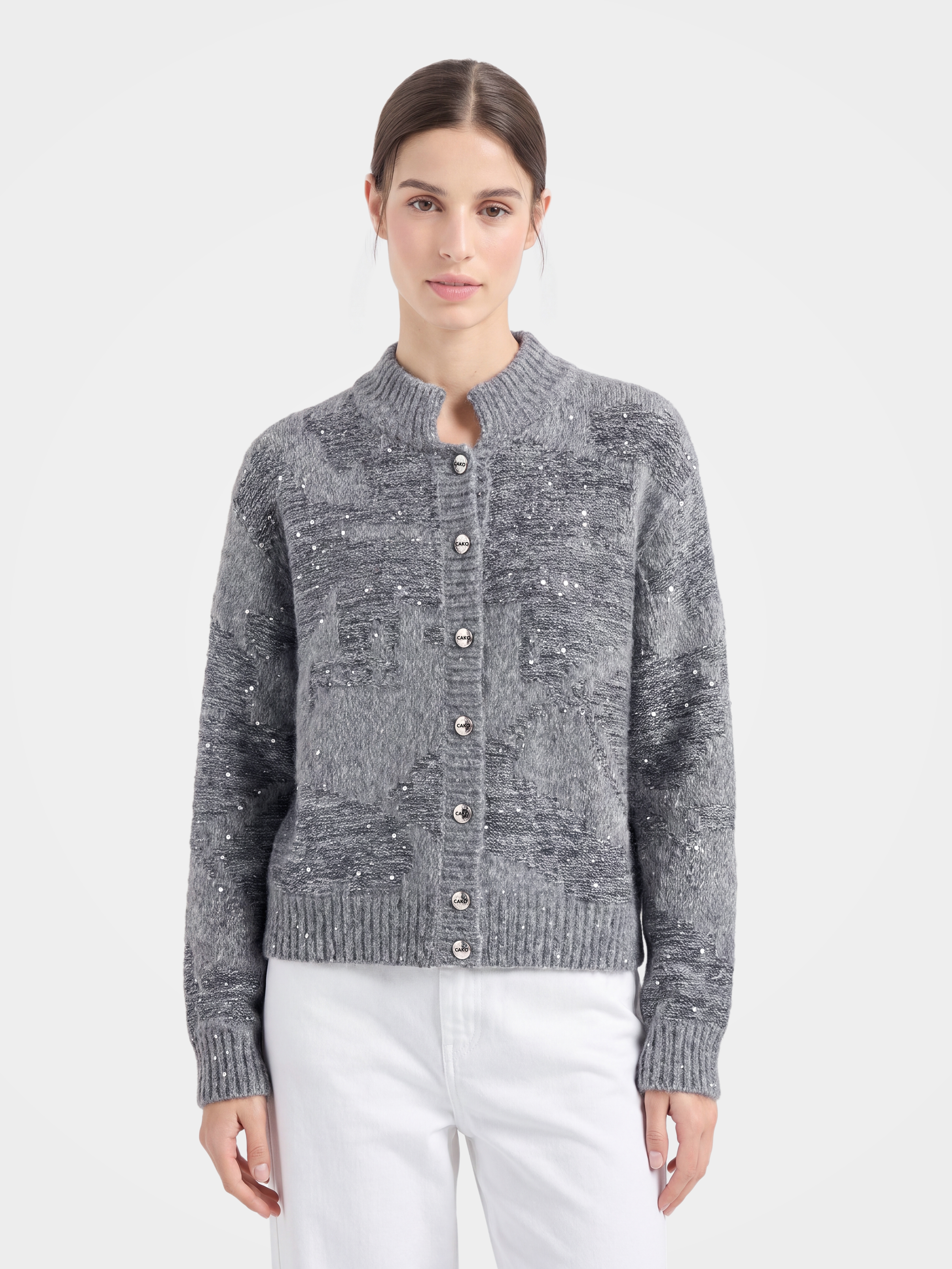 Textured Mongolian Cashmere Mock Neck Cable Knit Sequin Cardigan