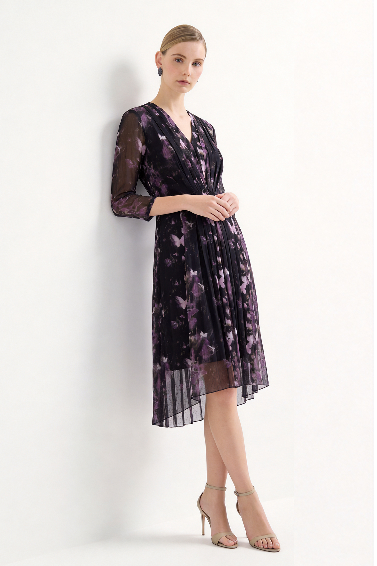 Purple Silk Floral Print Knee-Length Mesh Dress