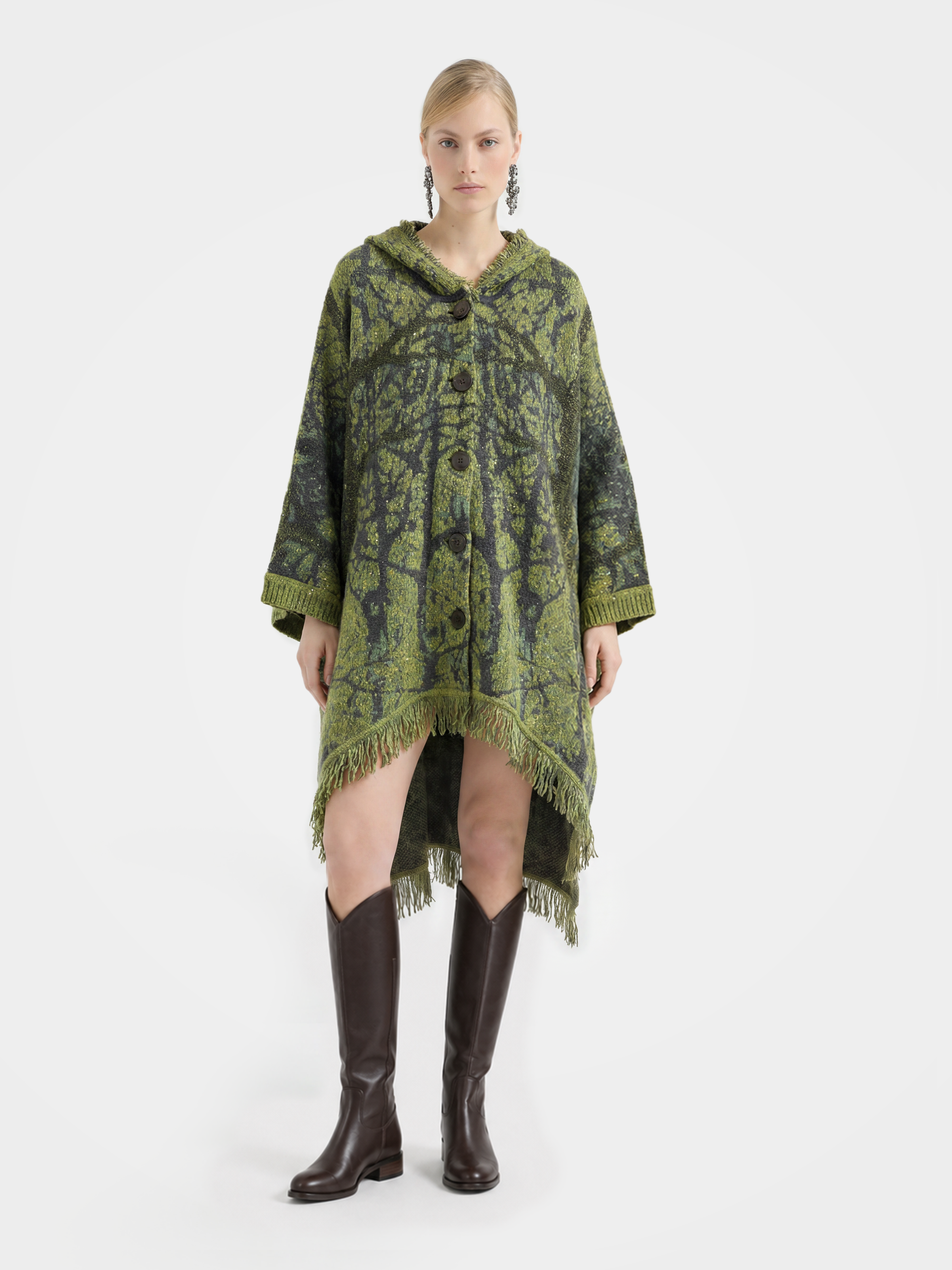 Textured Mongolian Cashmere Hoodie Knitted Fringe Sequin Poncho