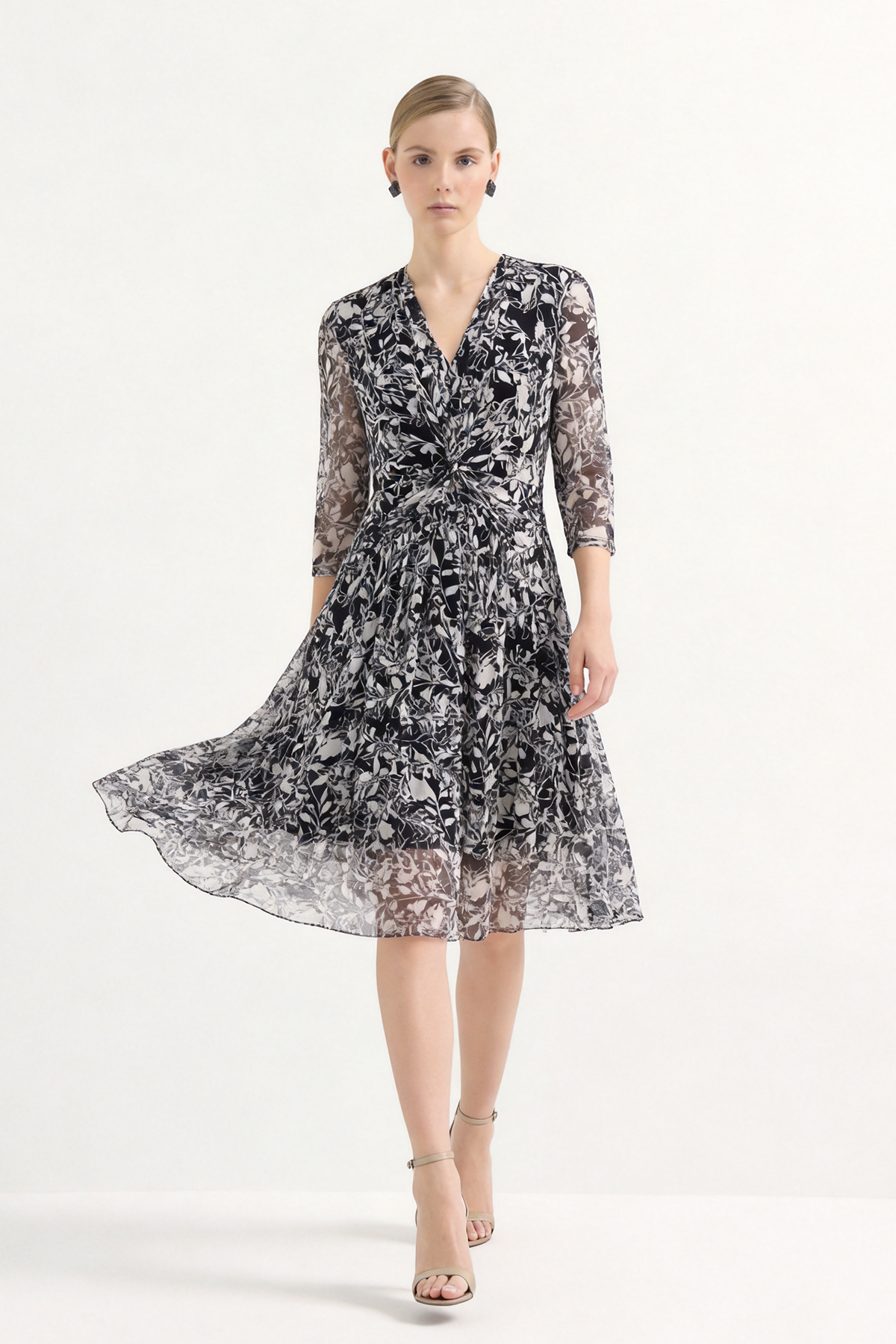 Black Silk Print Knee-Length Mesh Dress