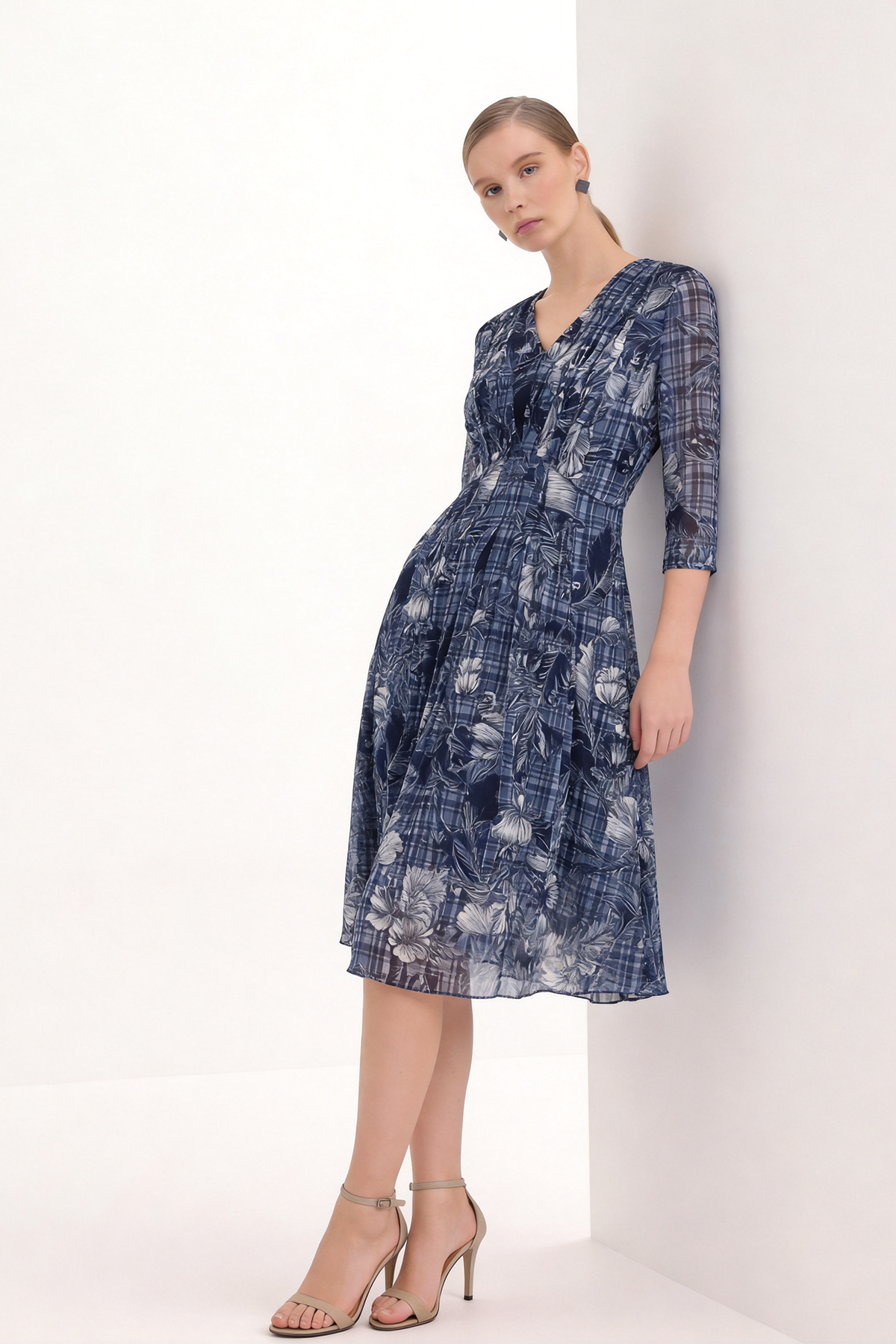 Sheer Printed Mulberry Silk Midi-Length Dress
