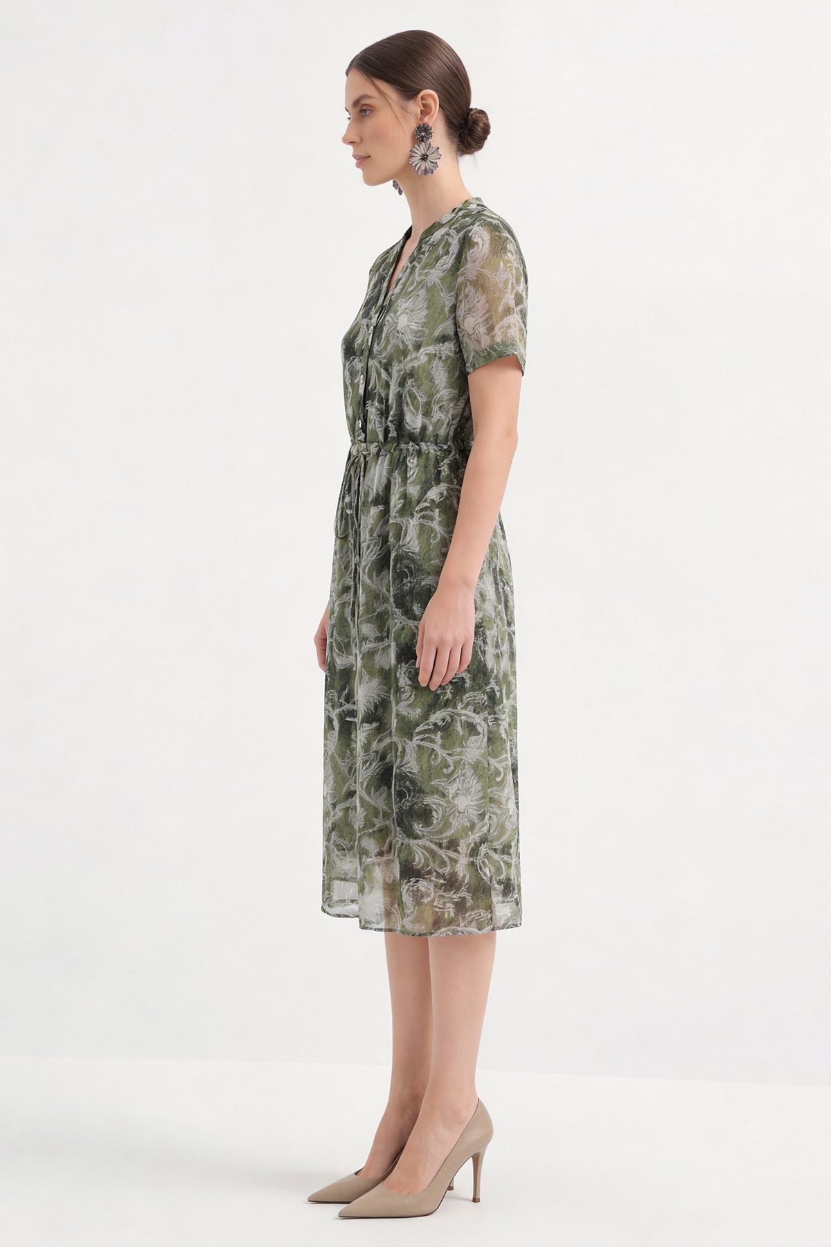 Lightweight 100% Mulberry Silk Drawstring Floral Midi Dress
