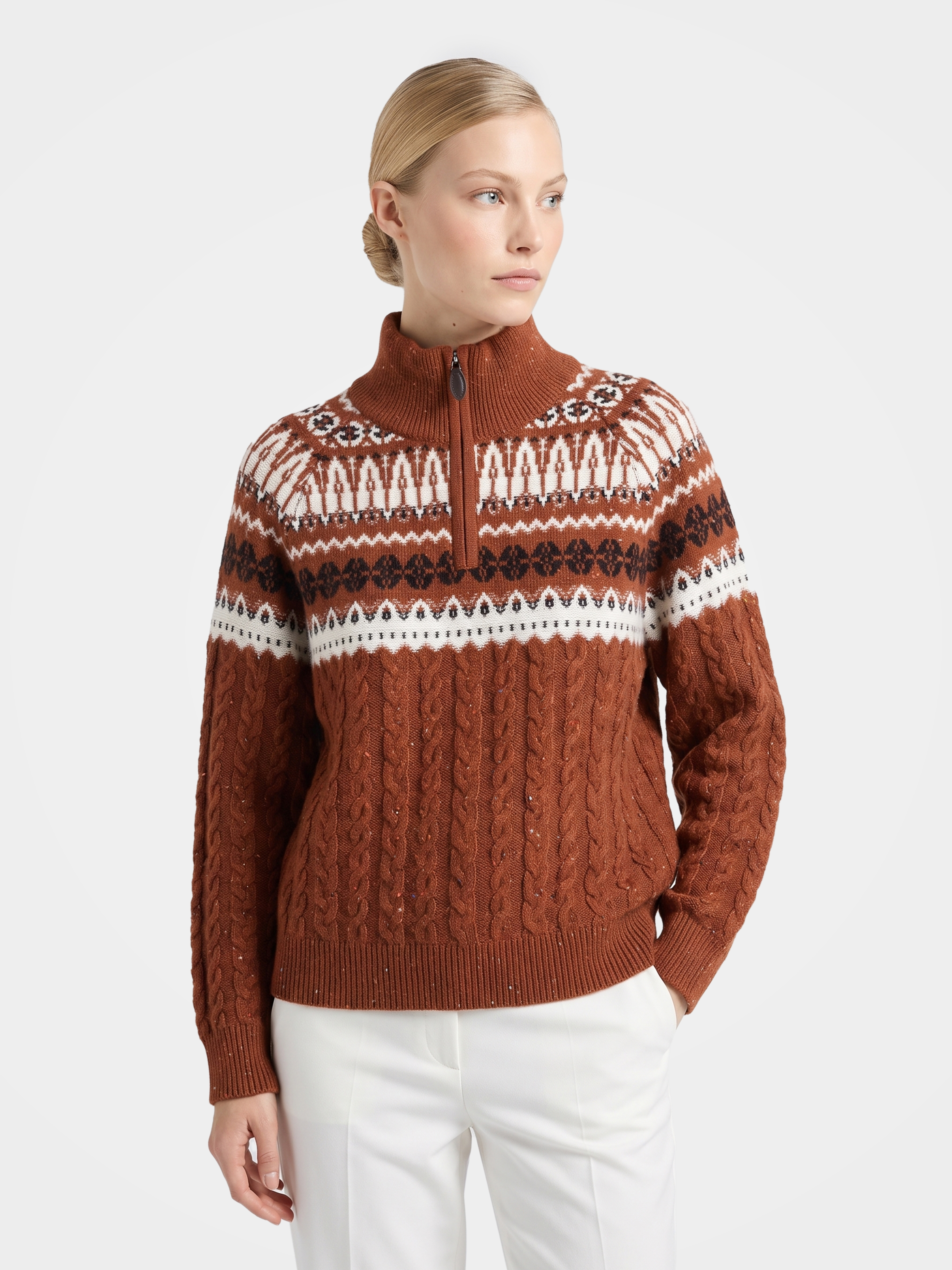 Pre-Order | 100% Cashmere Mock Neck Sweater Zip up Geometry Knit Pullover (10-14 Business Days)