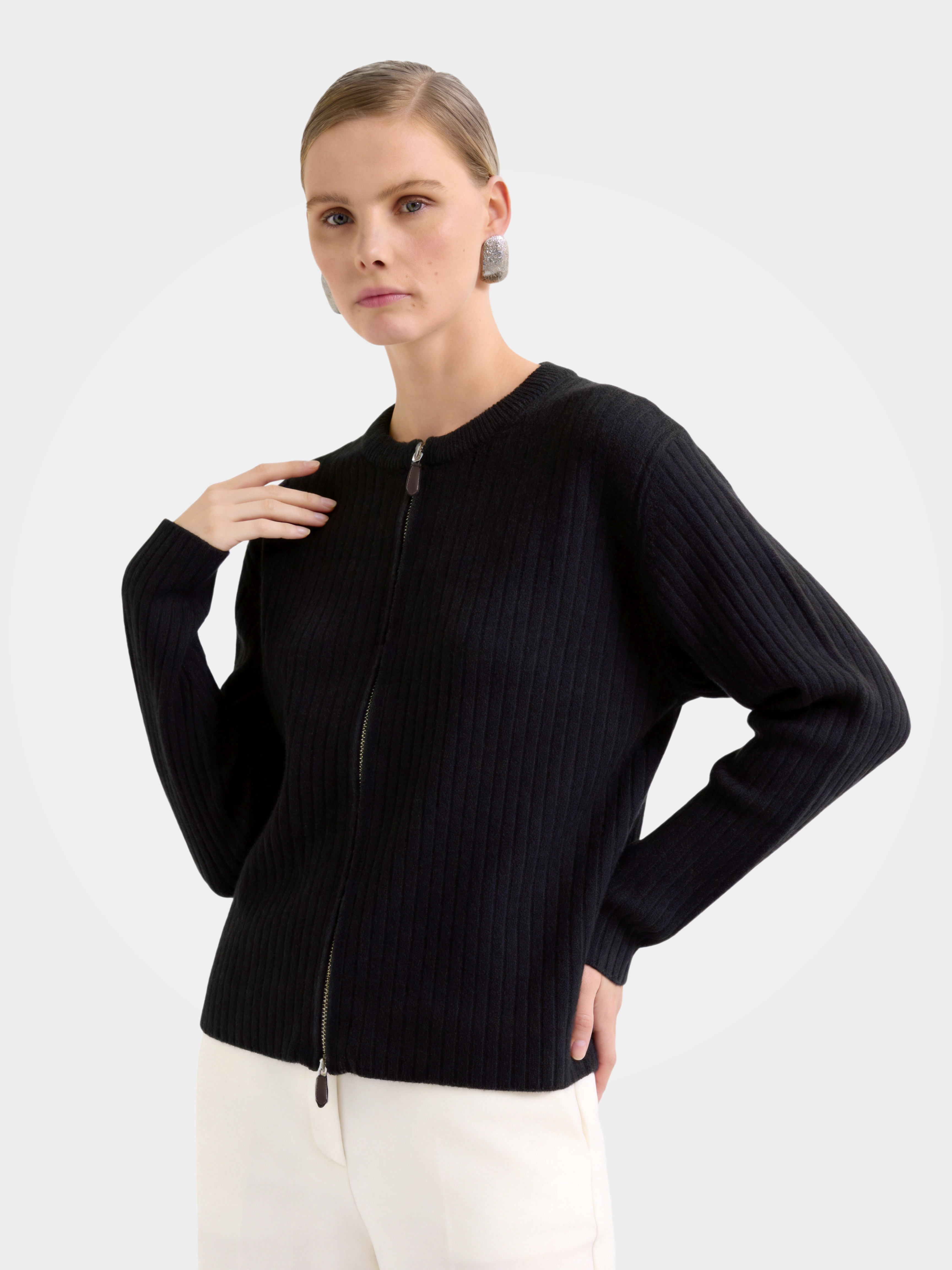 Textured 100% Mongolian Cashmere Knit Zip Cardigan