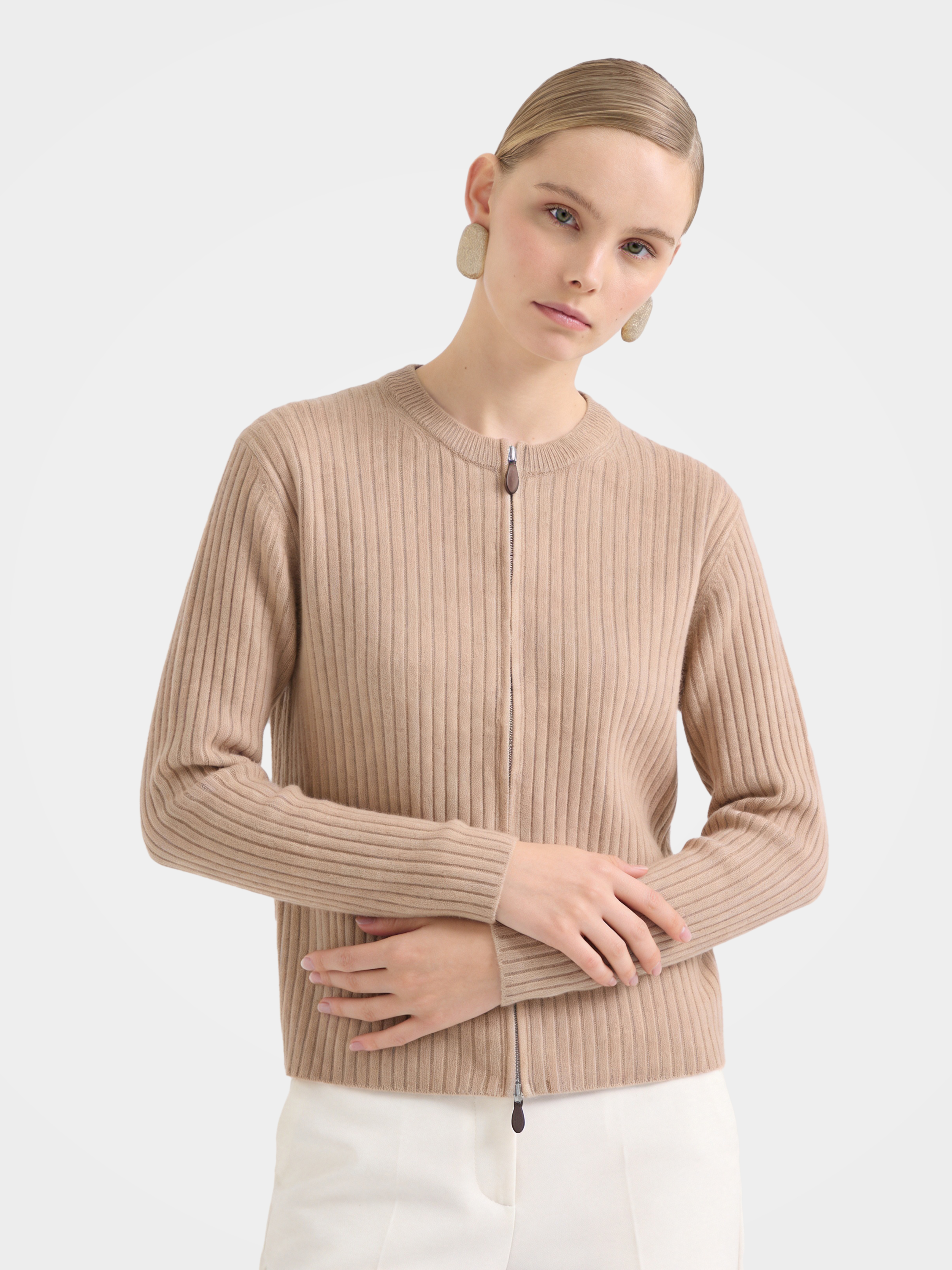 Textured 100% Mongolian Cashmere Knit Zip Cardigan