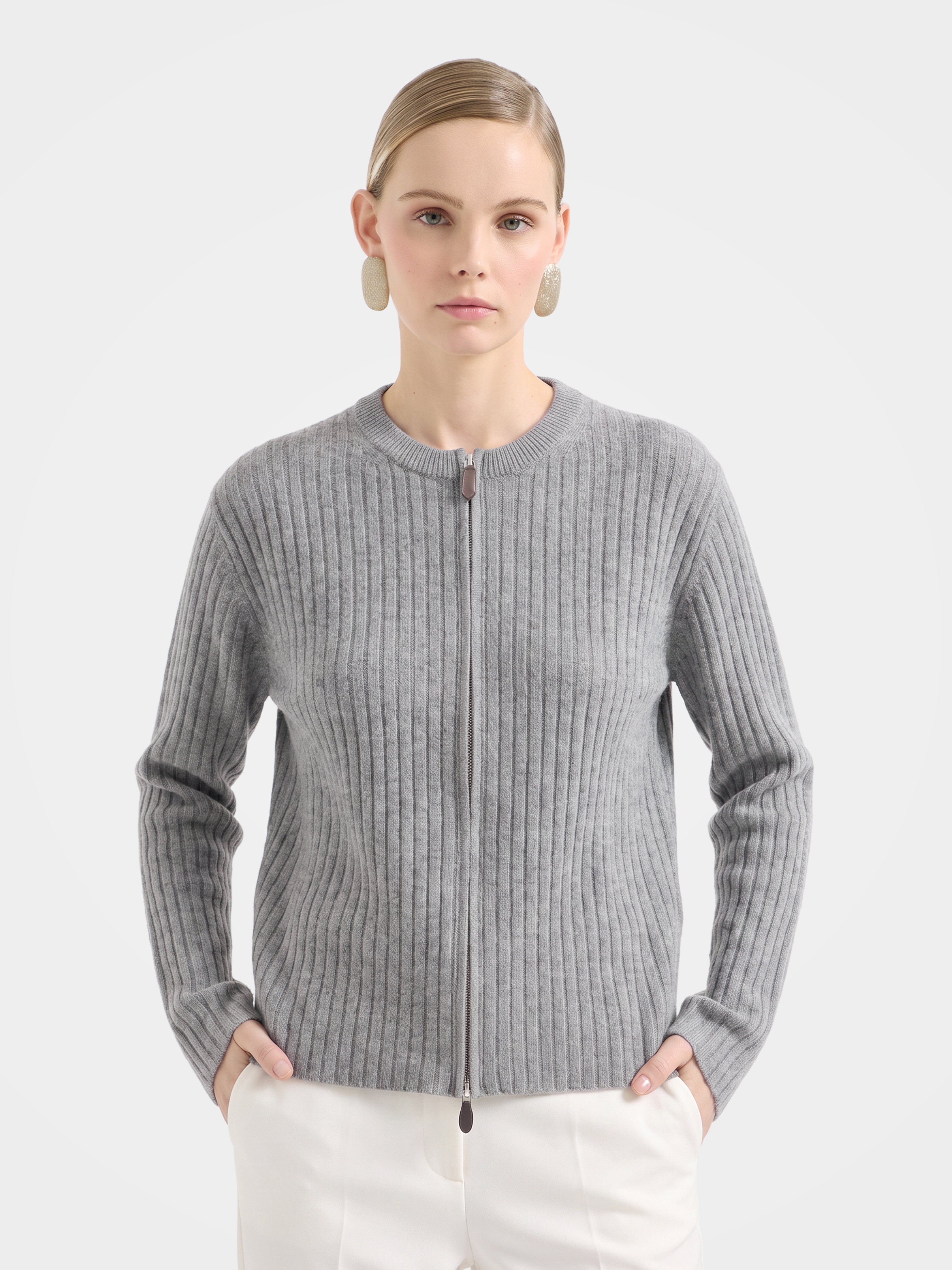 Textured 100% Mongolian Cashmere Knit Zip Cardigan