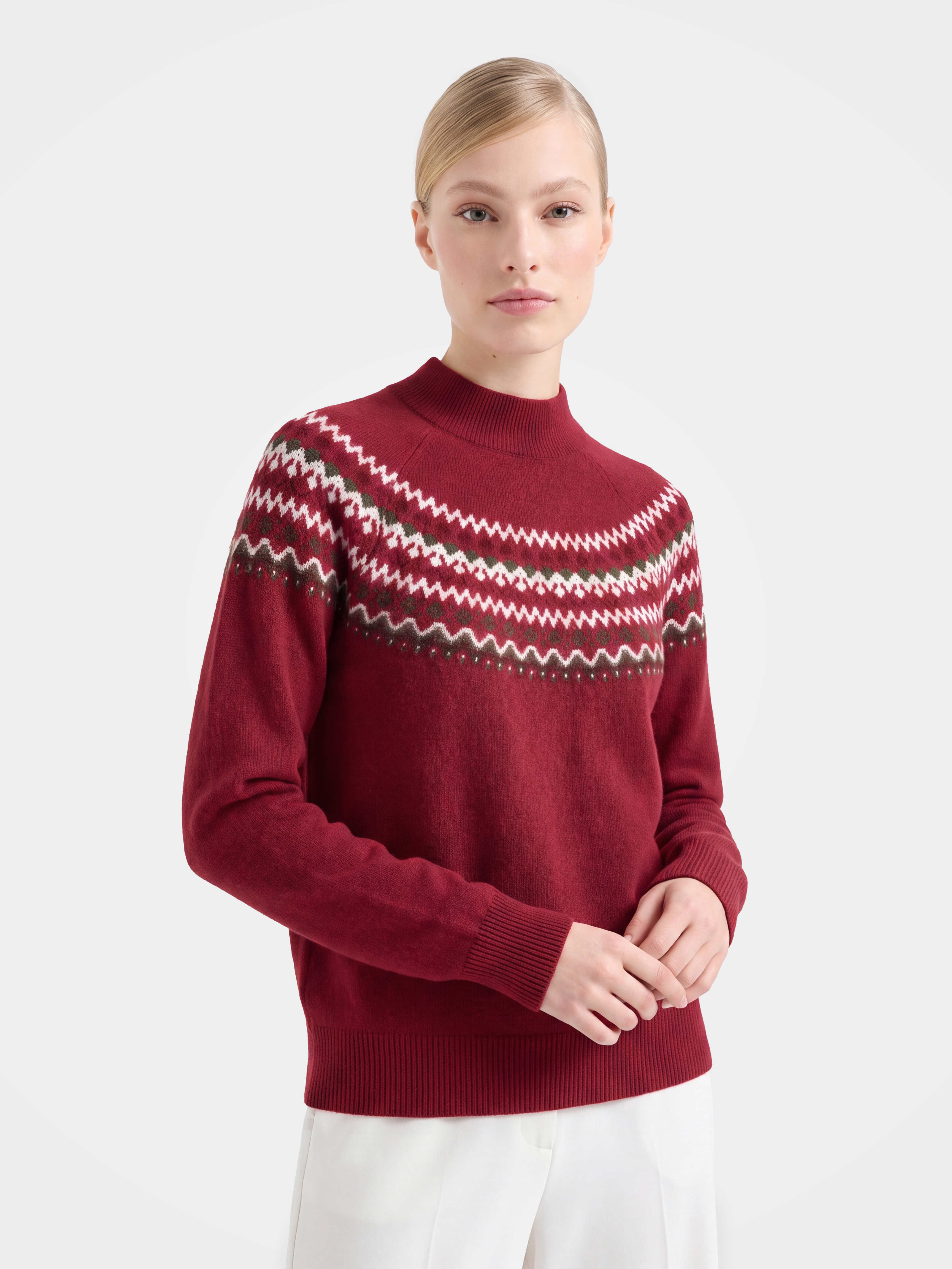 Wool Cashmere Mock Neck Sweater Soft Fair Isle Diamond Knit Pullover