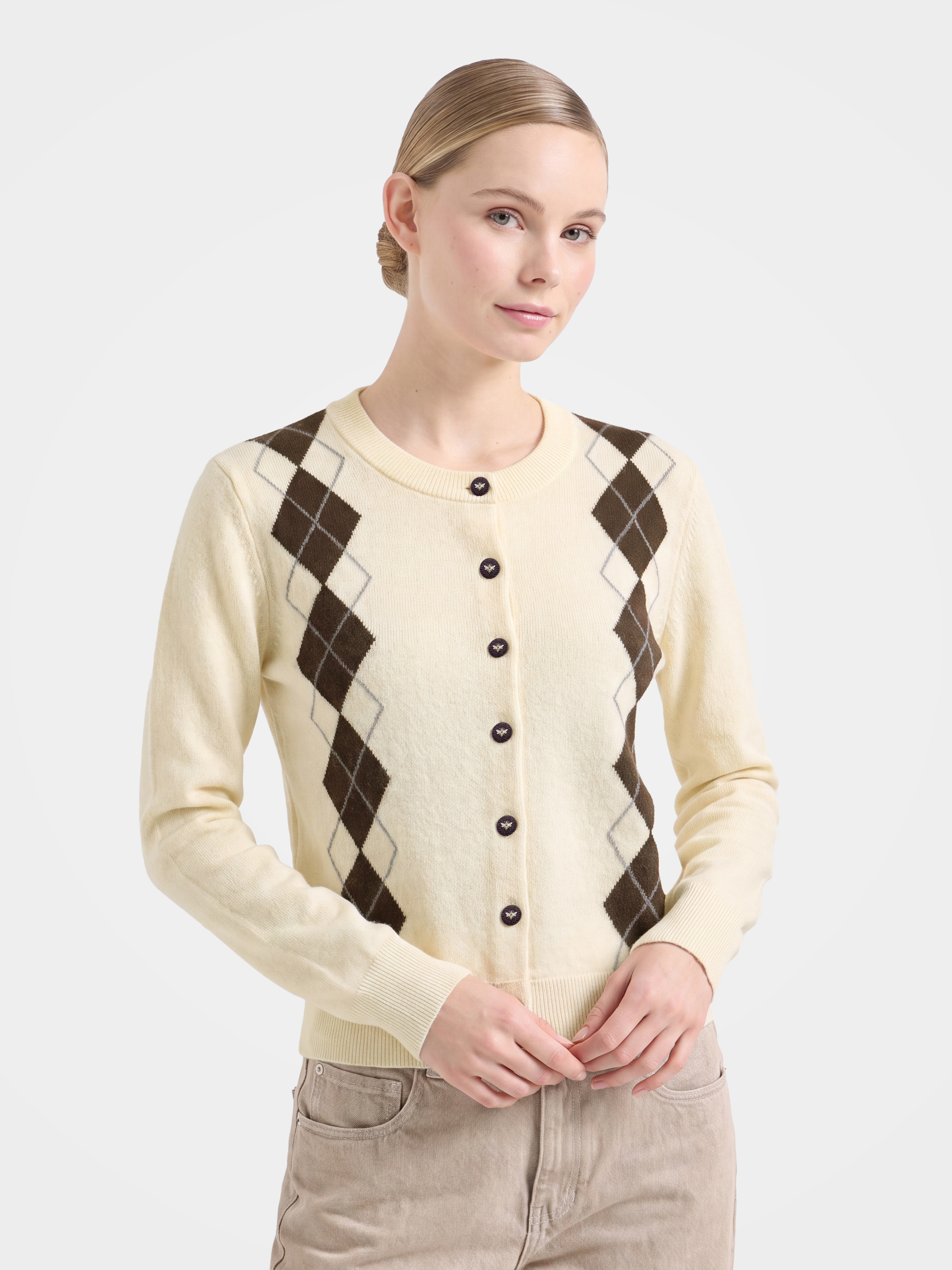 100% Cashmere Crew Neck Soft Knit Argyle Cardigan