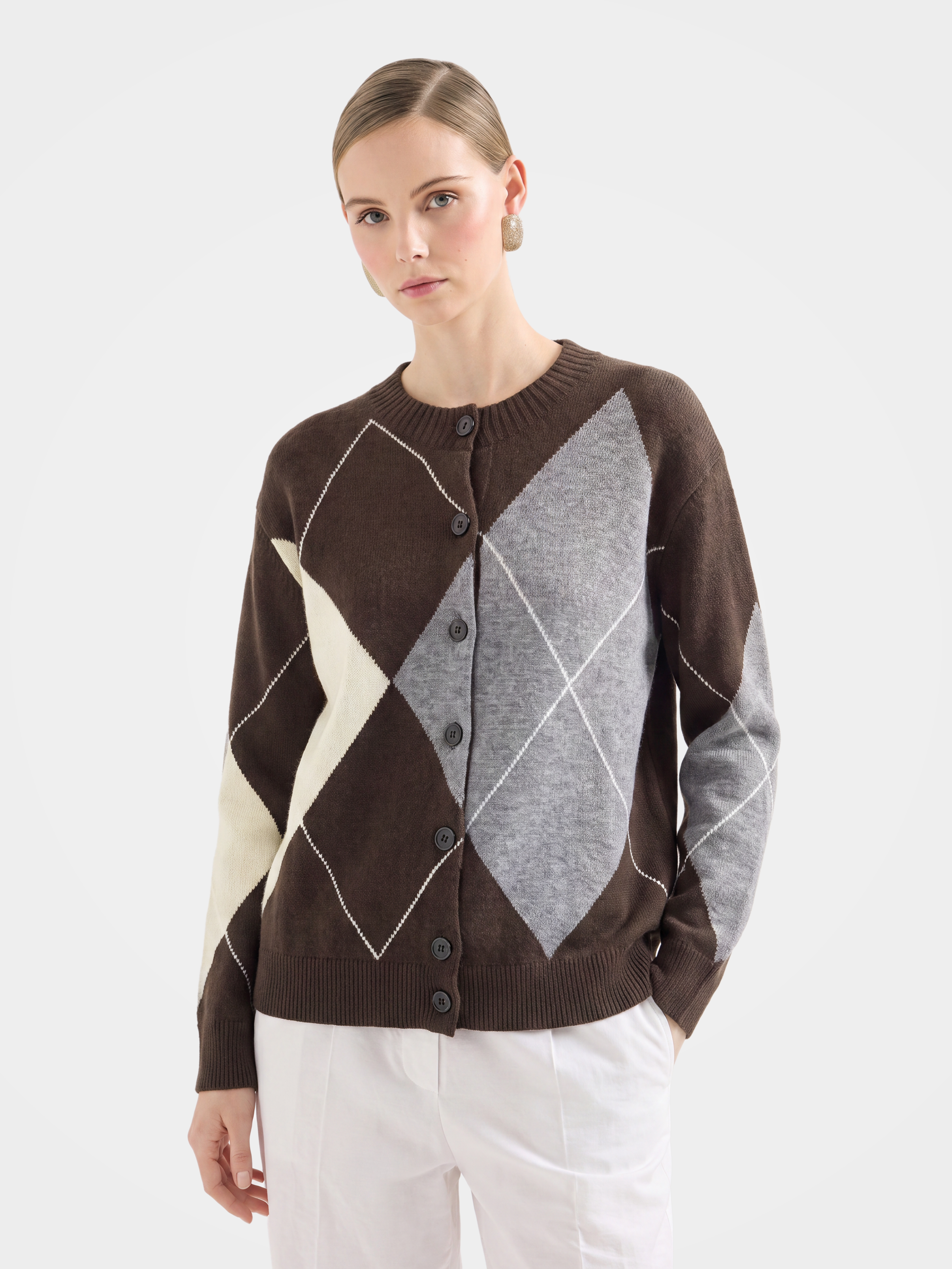 100% Cashmere Crew Neck Oversized Argyle Button Cardigan
