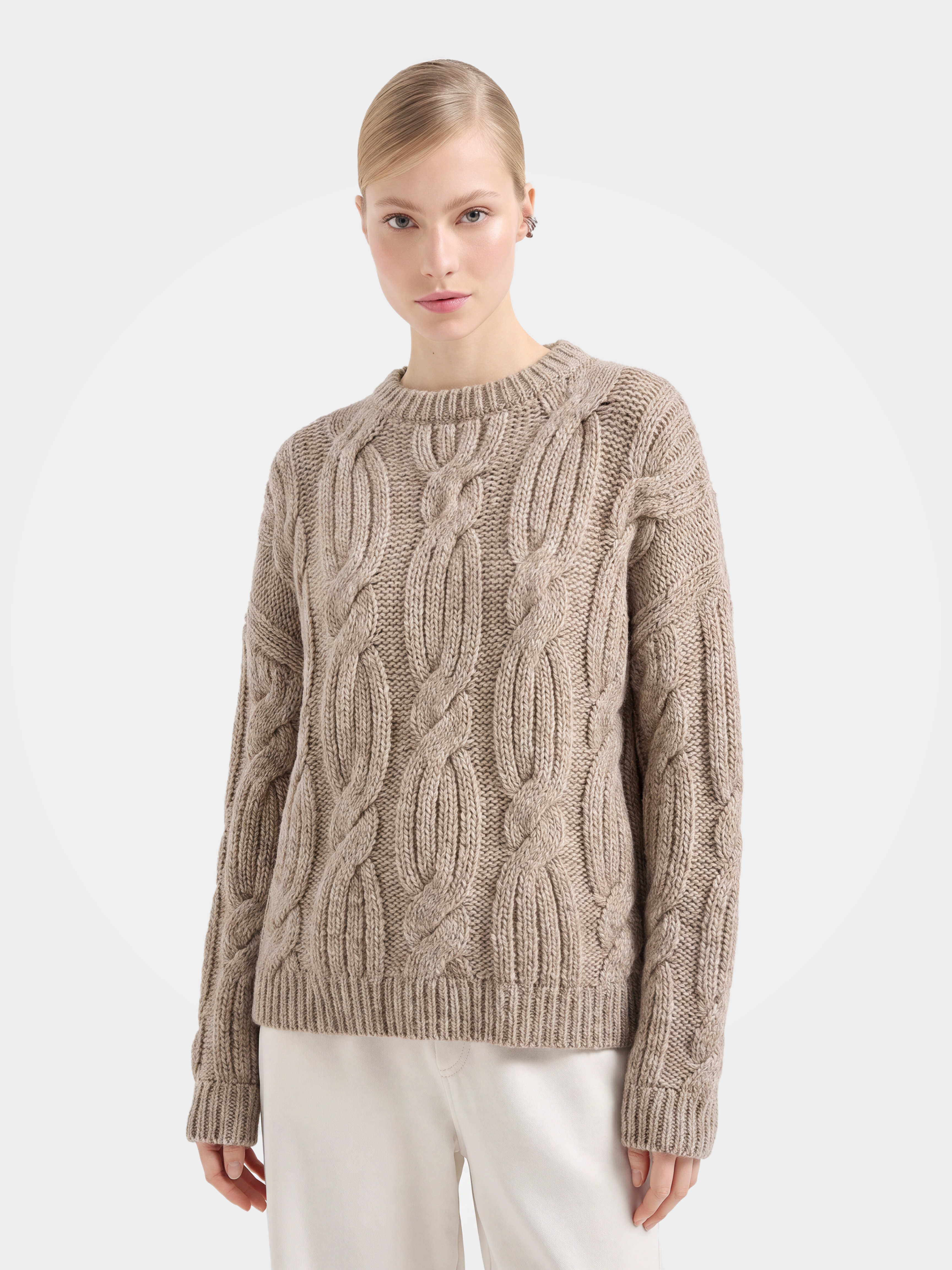 100% Cashmere Cable Knit Crew Neck Sweater 