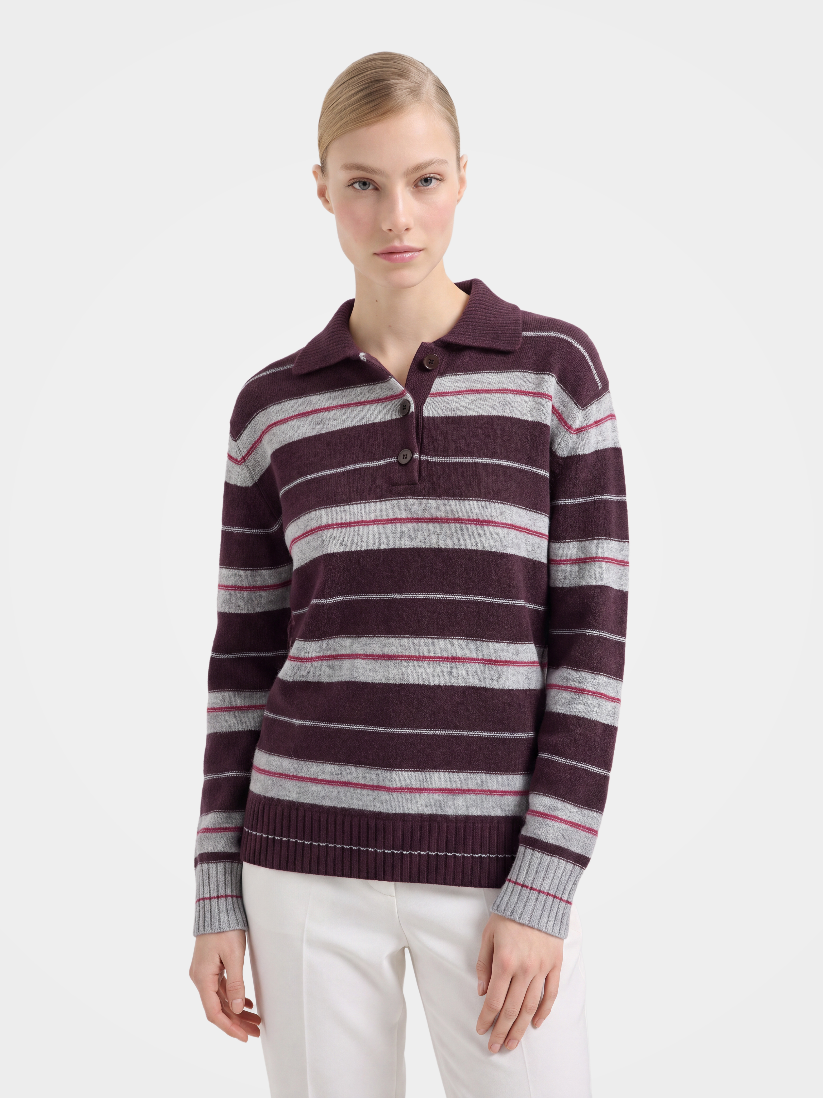 100% Cashmere Striped Polo Collar Knit Sweater