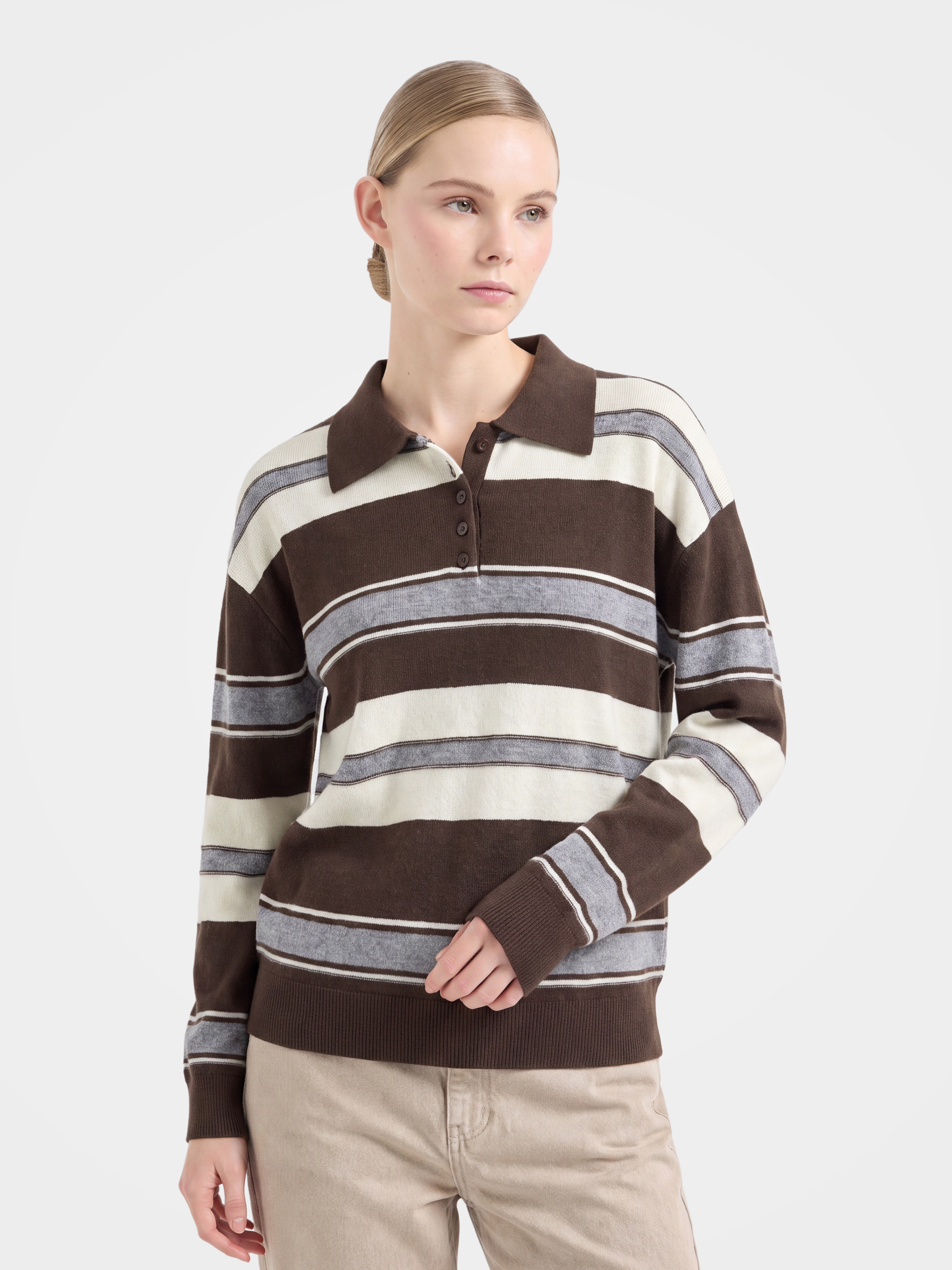 100% Cashmere Striped Polo Collar Long Sleeve Knit Sweater