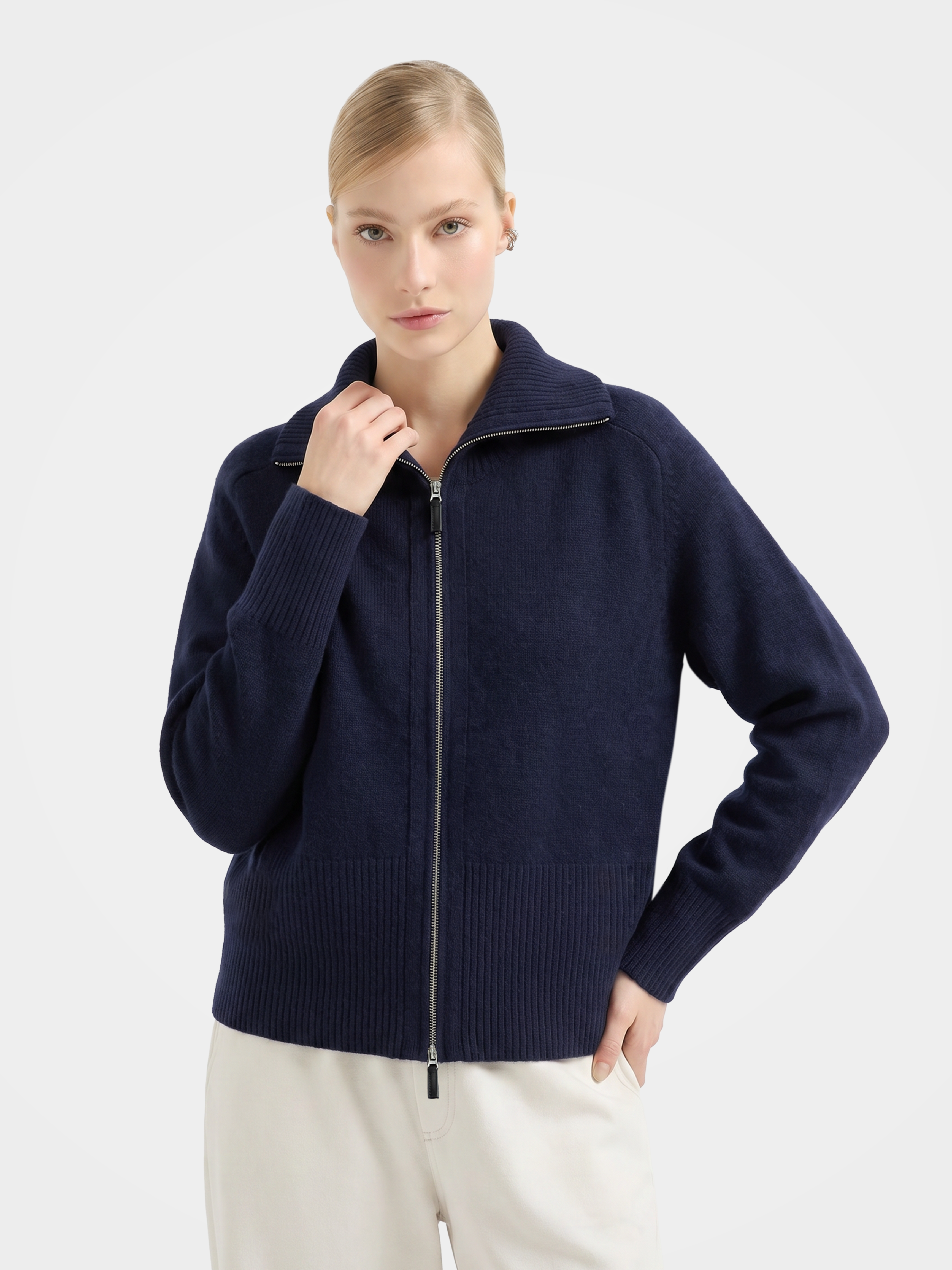 Soft 100% Cashmere Zip Ribbed Knit Cardigan