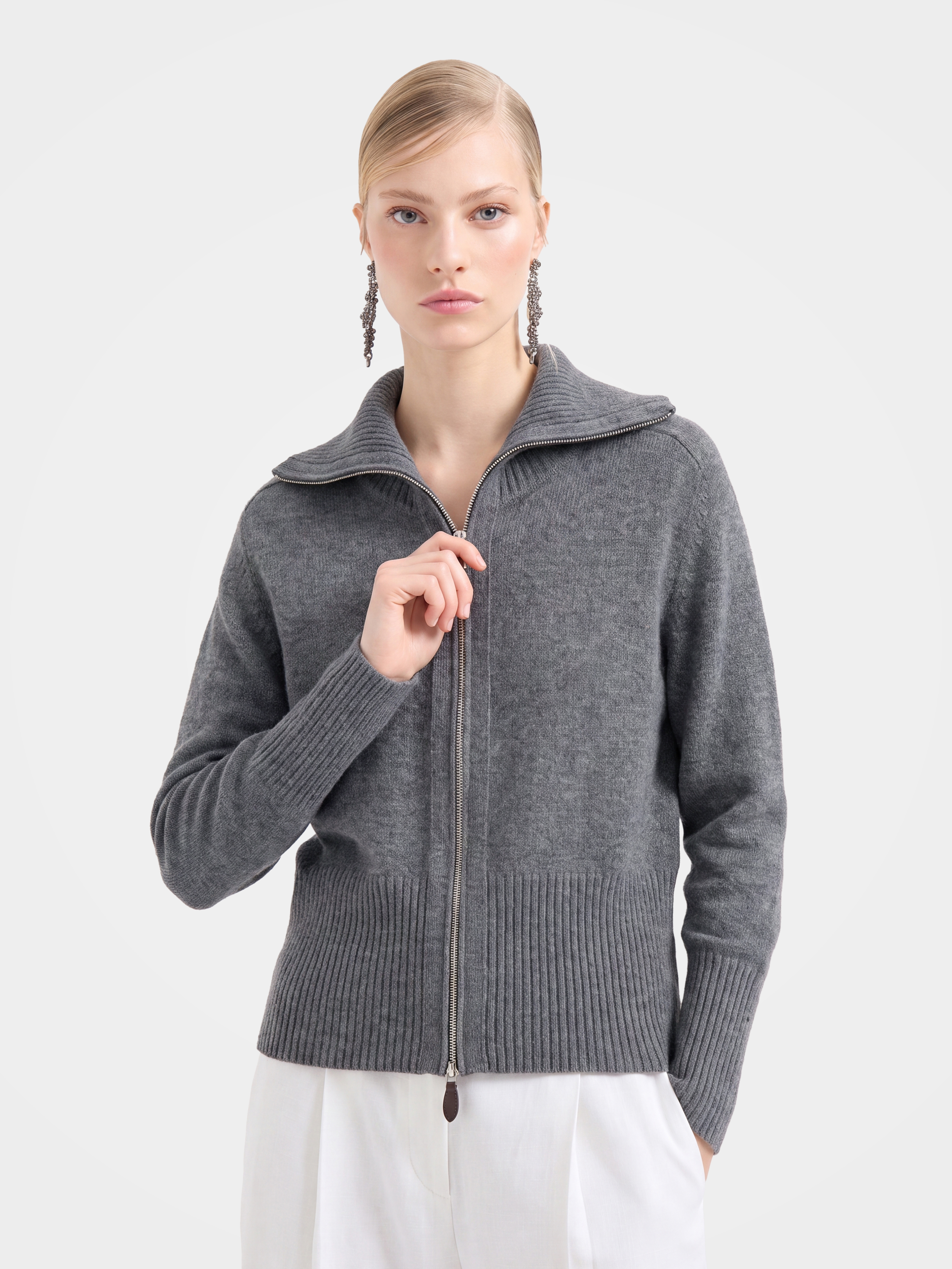 Soft 100% Cashmere Zip Ribbed Knit Cardigan