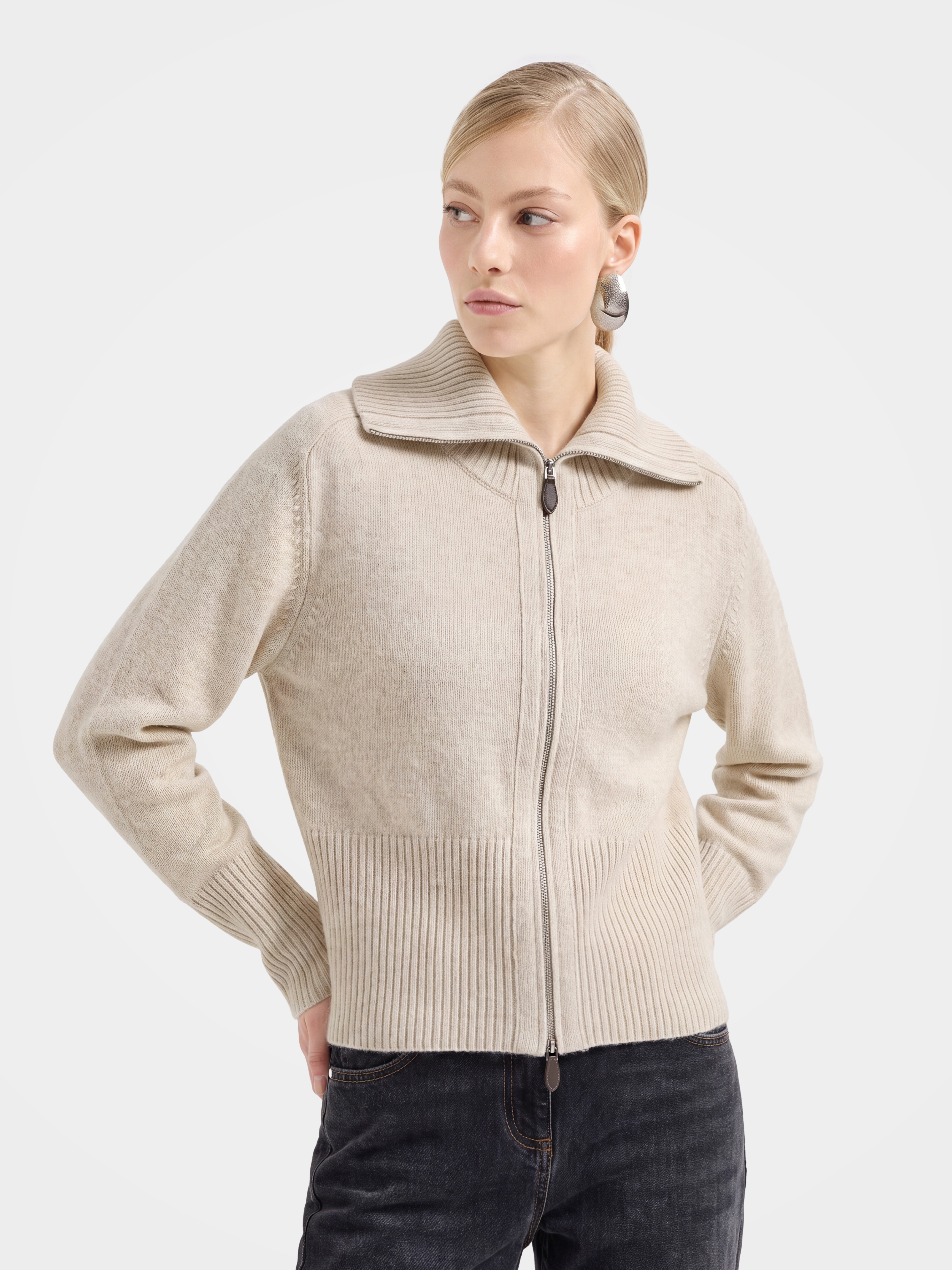 Soft 100% Cashmere Zip Ribbed Knit Cardigan