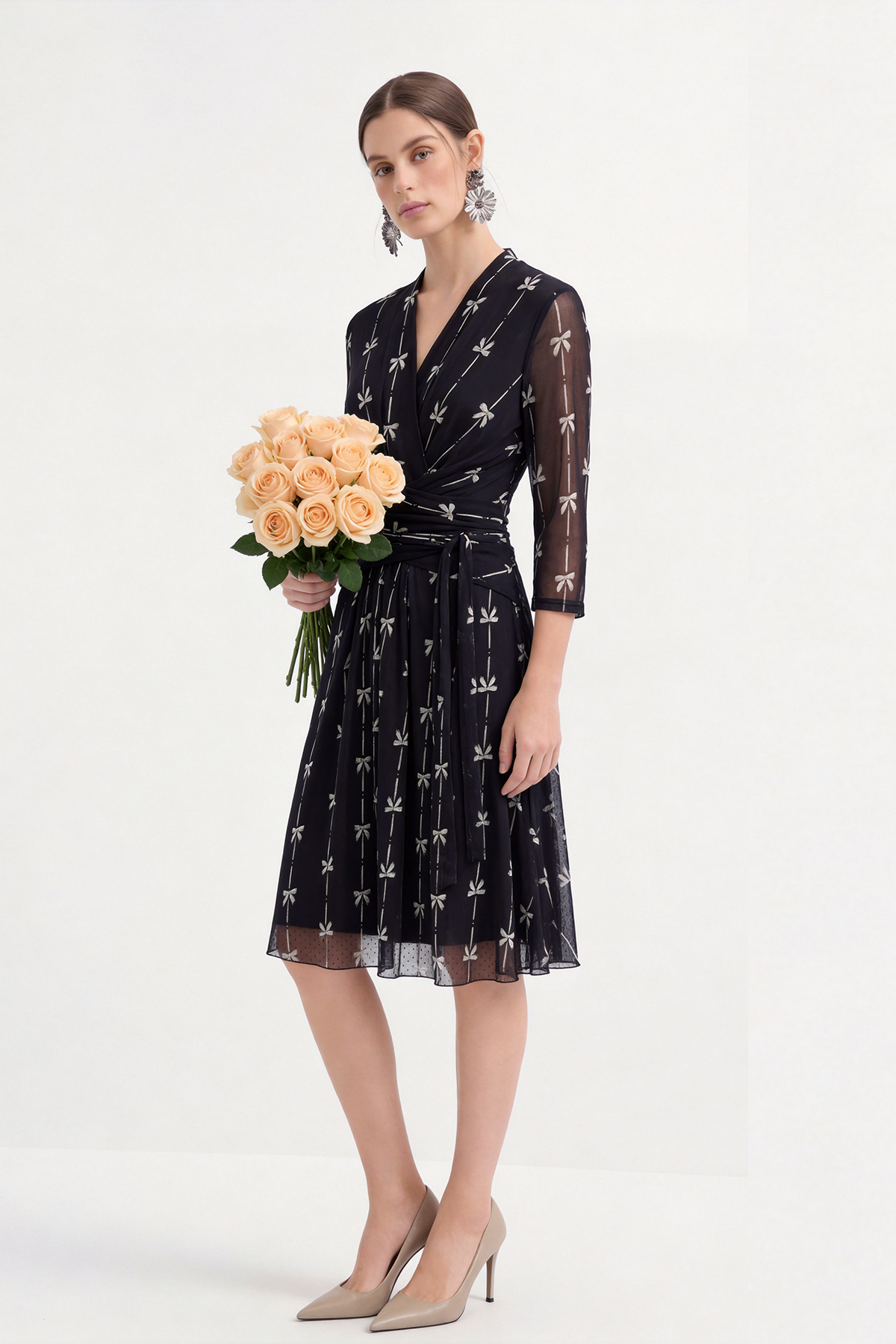 Fluid Silhouette 100% Mulberry Silk Printed Bow Midi Dress