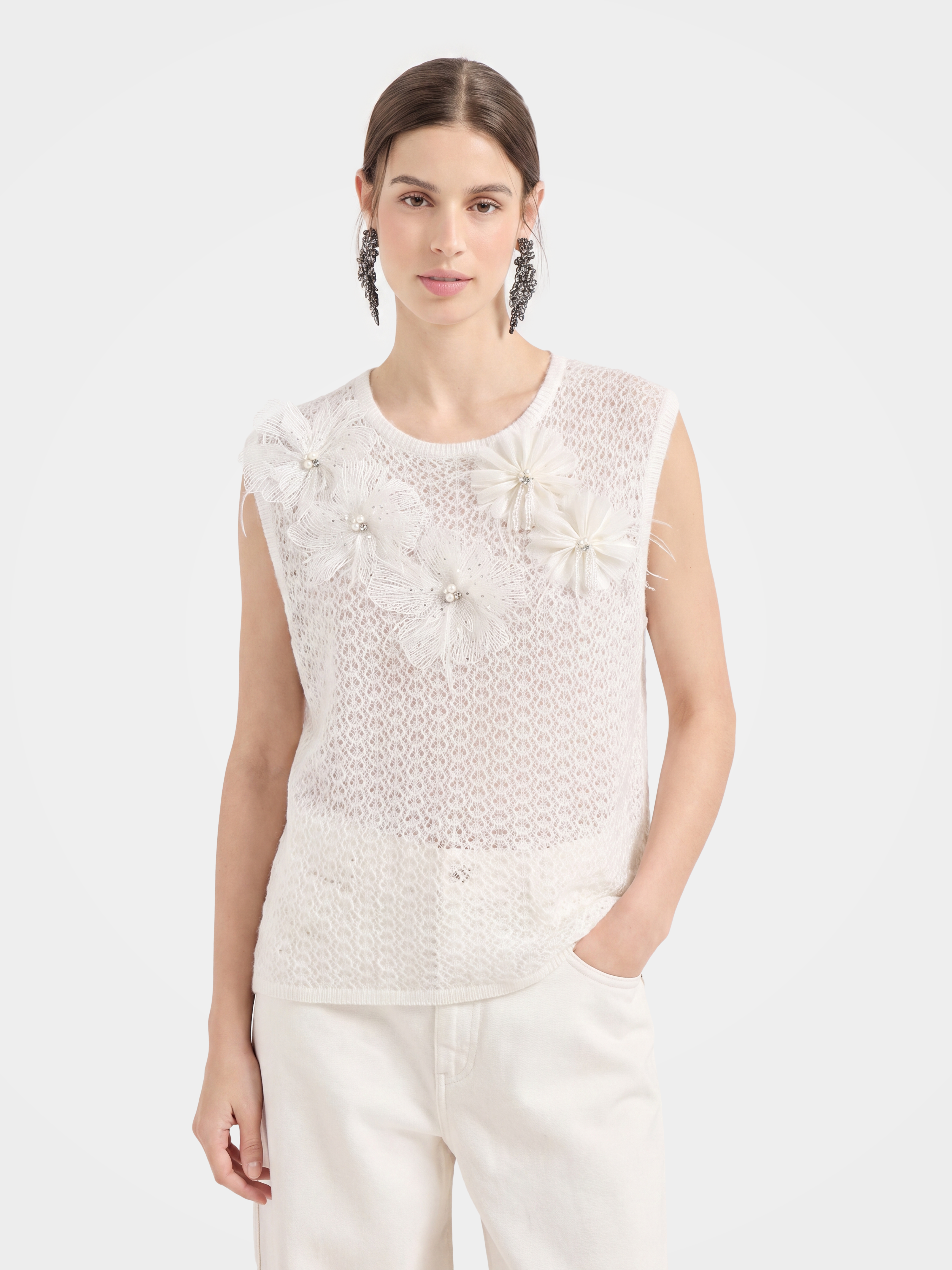 Textured Mongolian Cashmere 3D Floral Knit Vest Sequin Top
