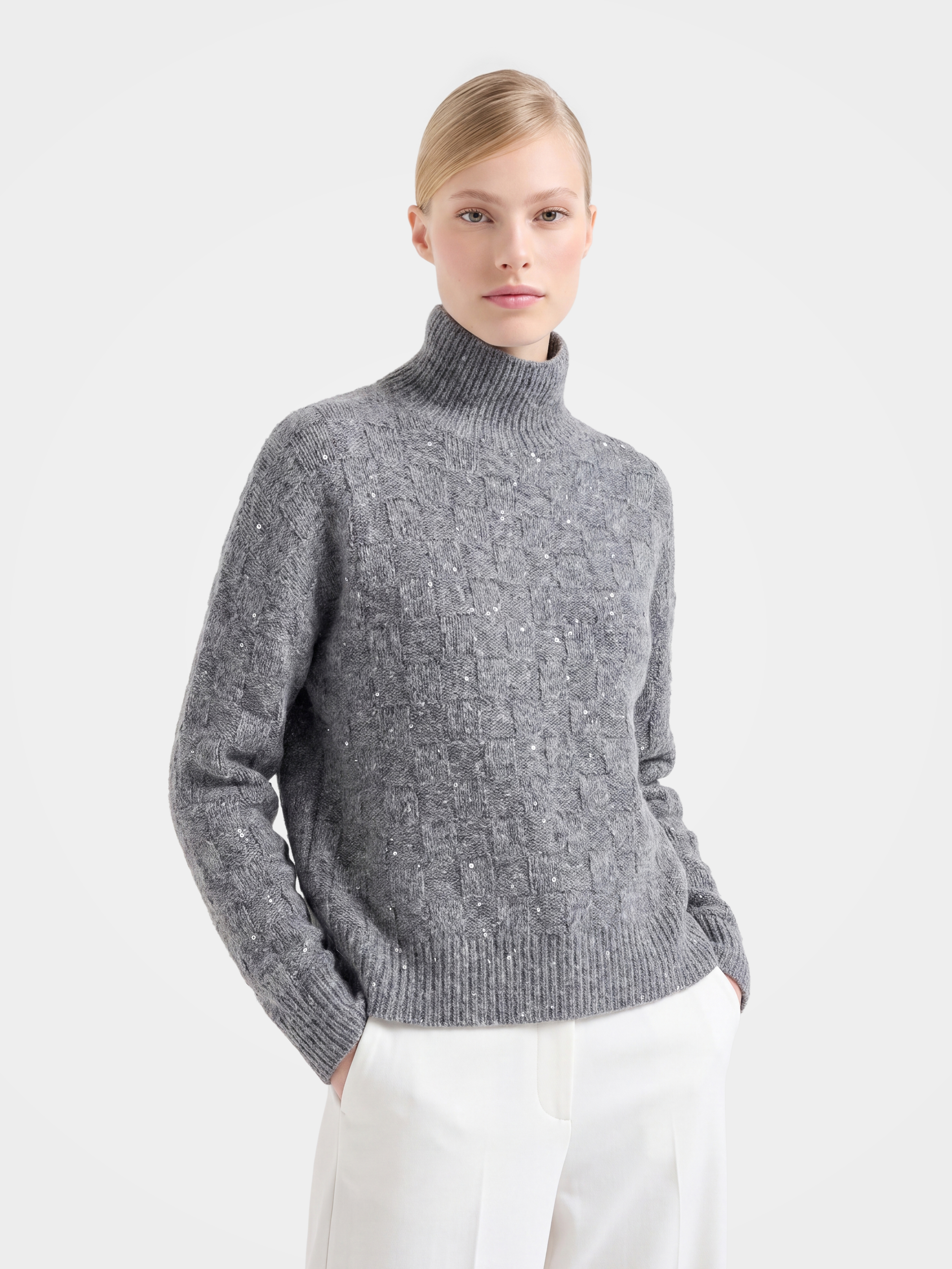 Cashmere Mock Neck Sweater Diamond Soft Sequin Knit 