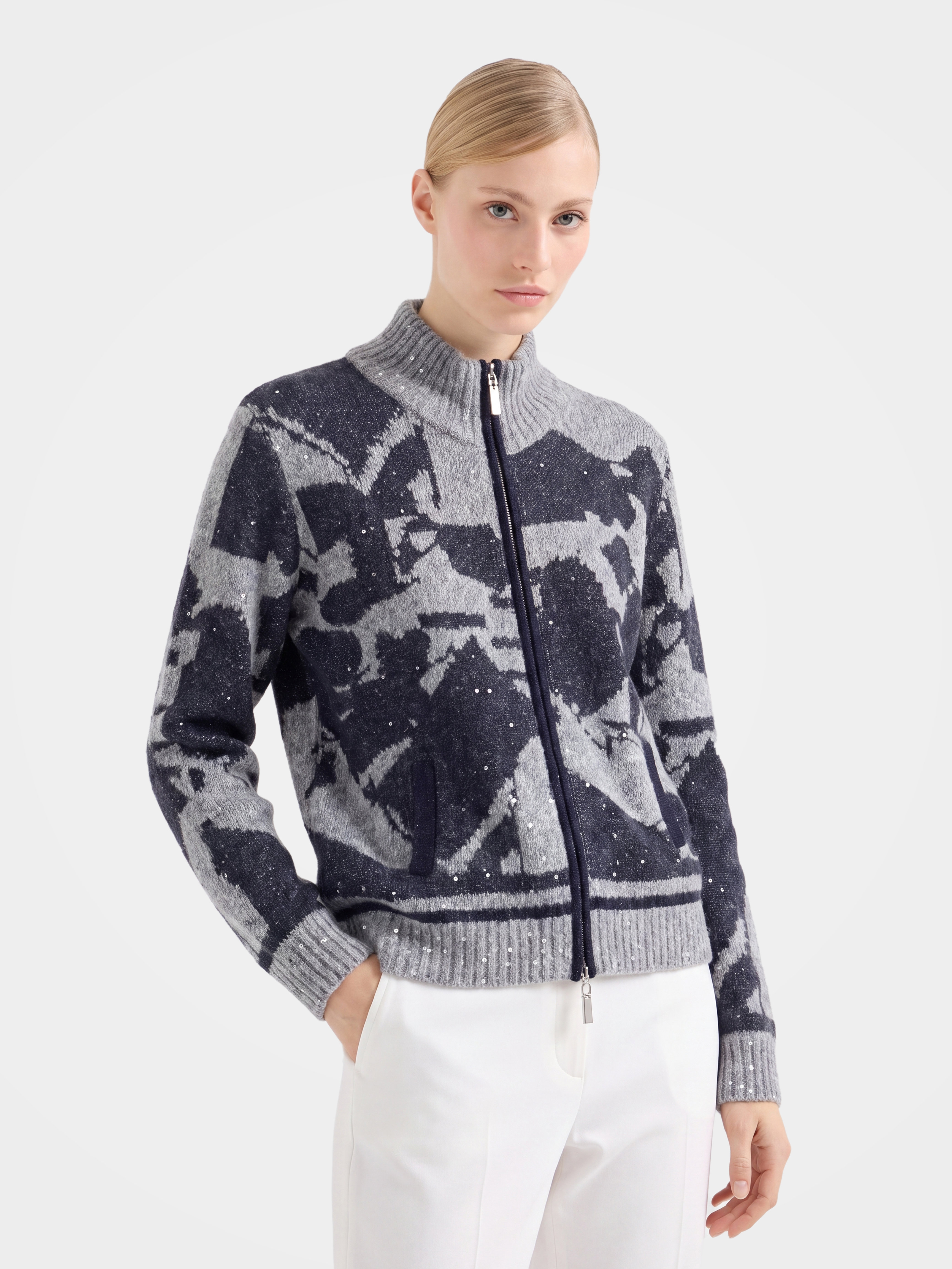 Soft Cashmere Zip Ribbed Jacquard Cardigan Sequin Knit 