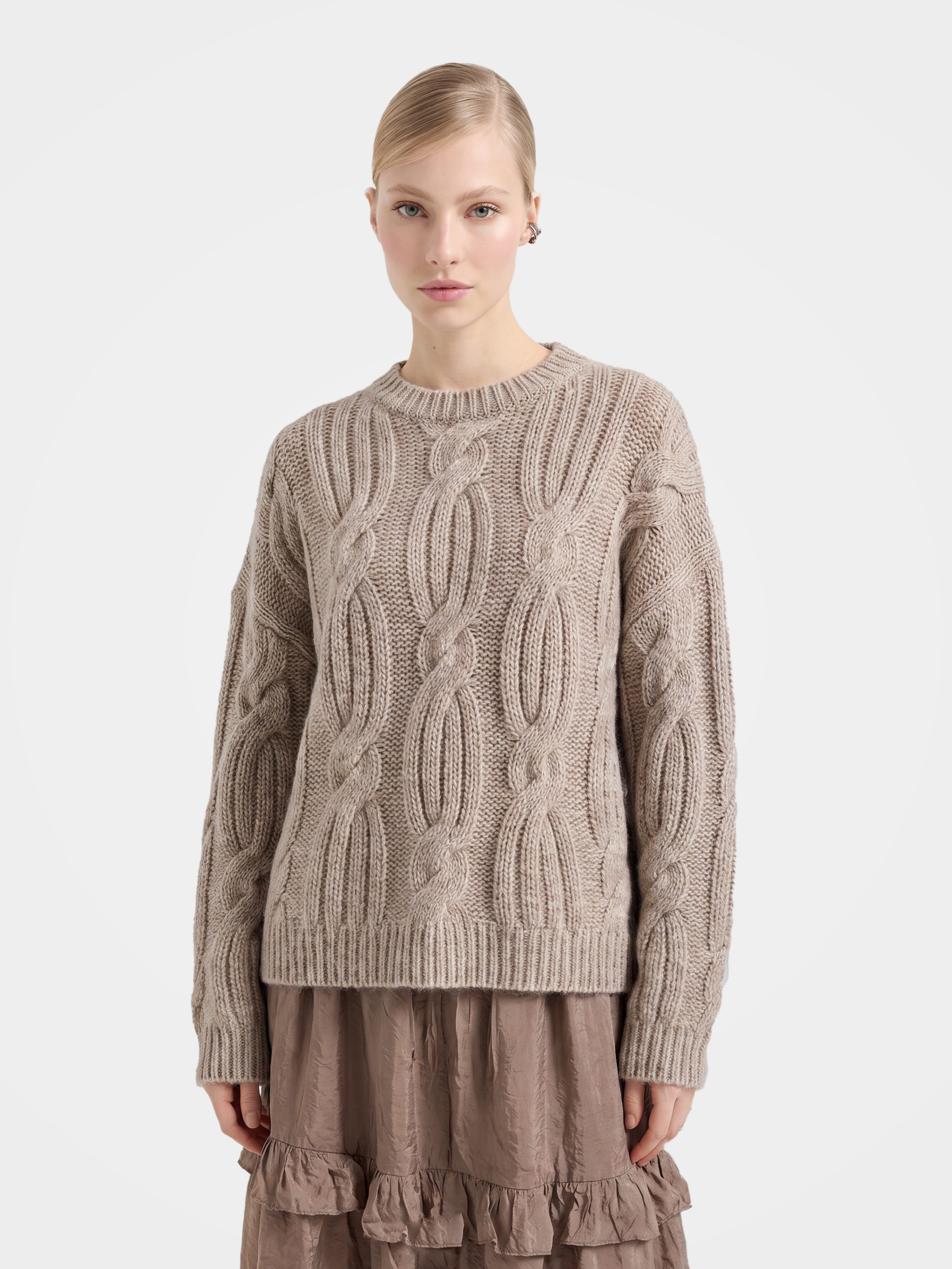 100% Pure Cashmere Heritage Cable Knit Crew Neck Sweater