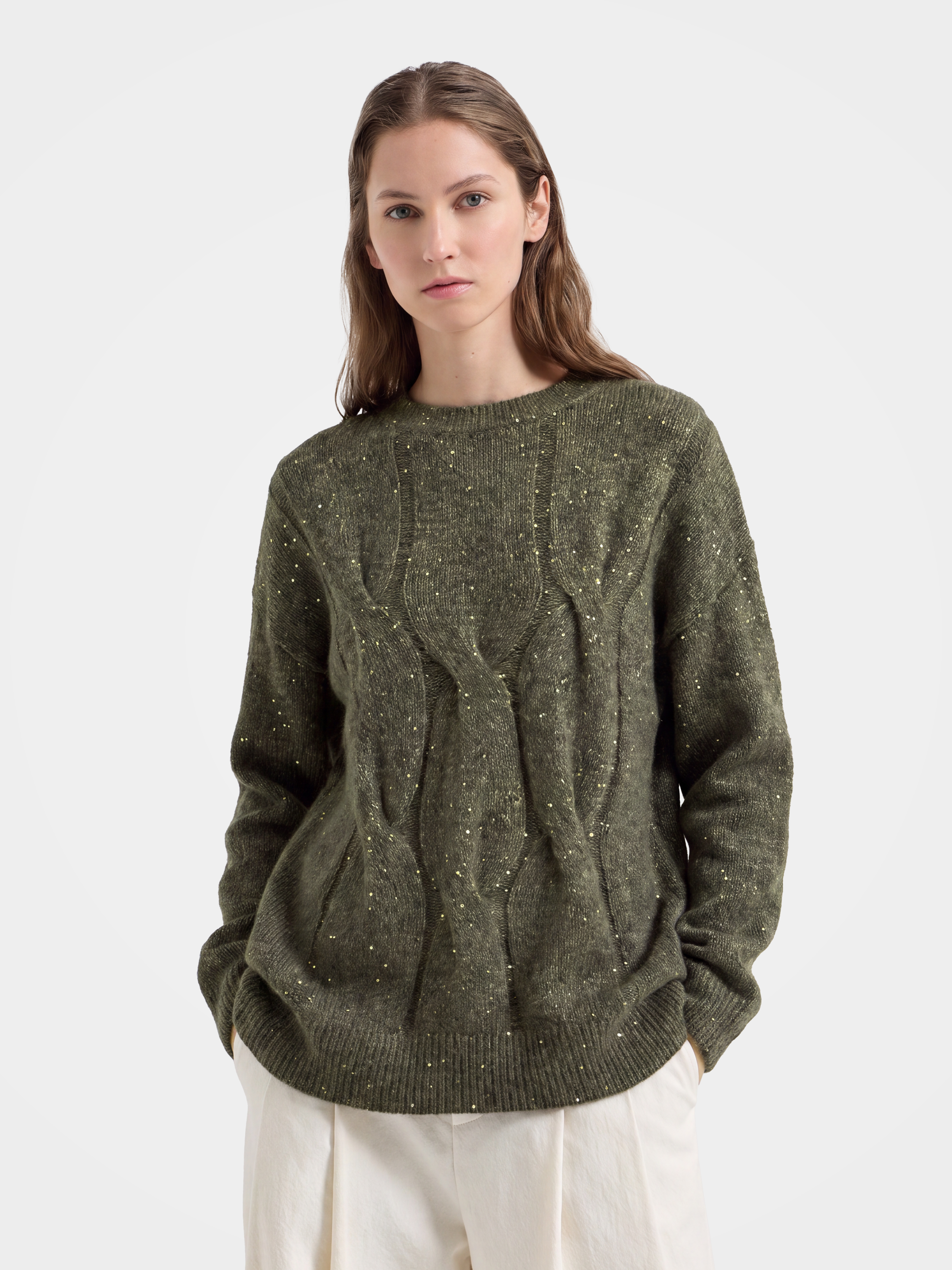  Pure Cashmere Heritage Cable Knit Crew Neck Sequin Sweater