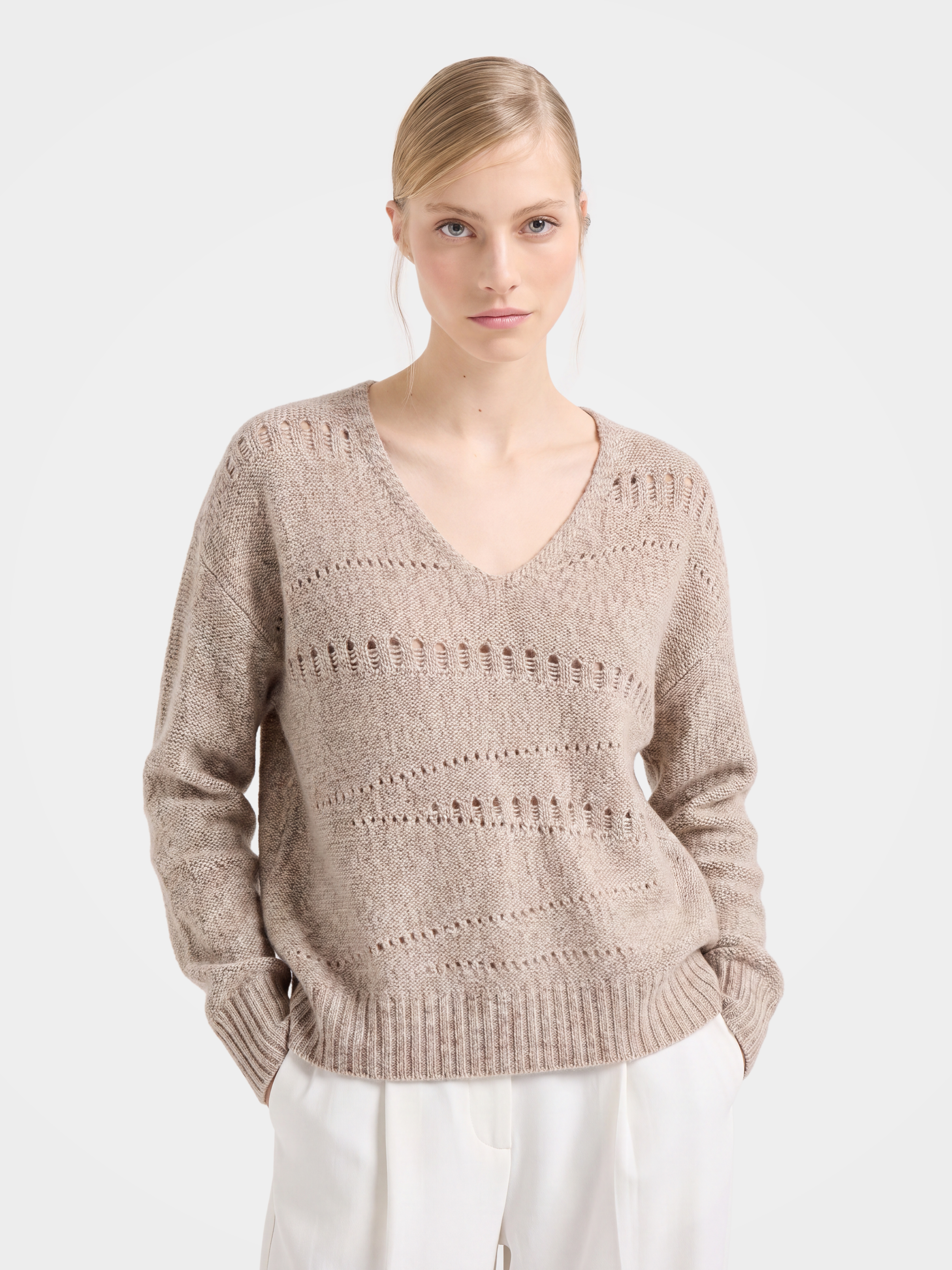 Pure  100% Cashmere Openwork Knit V Neck Sweater