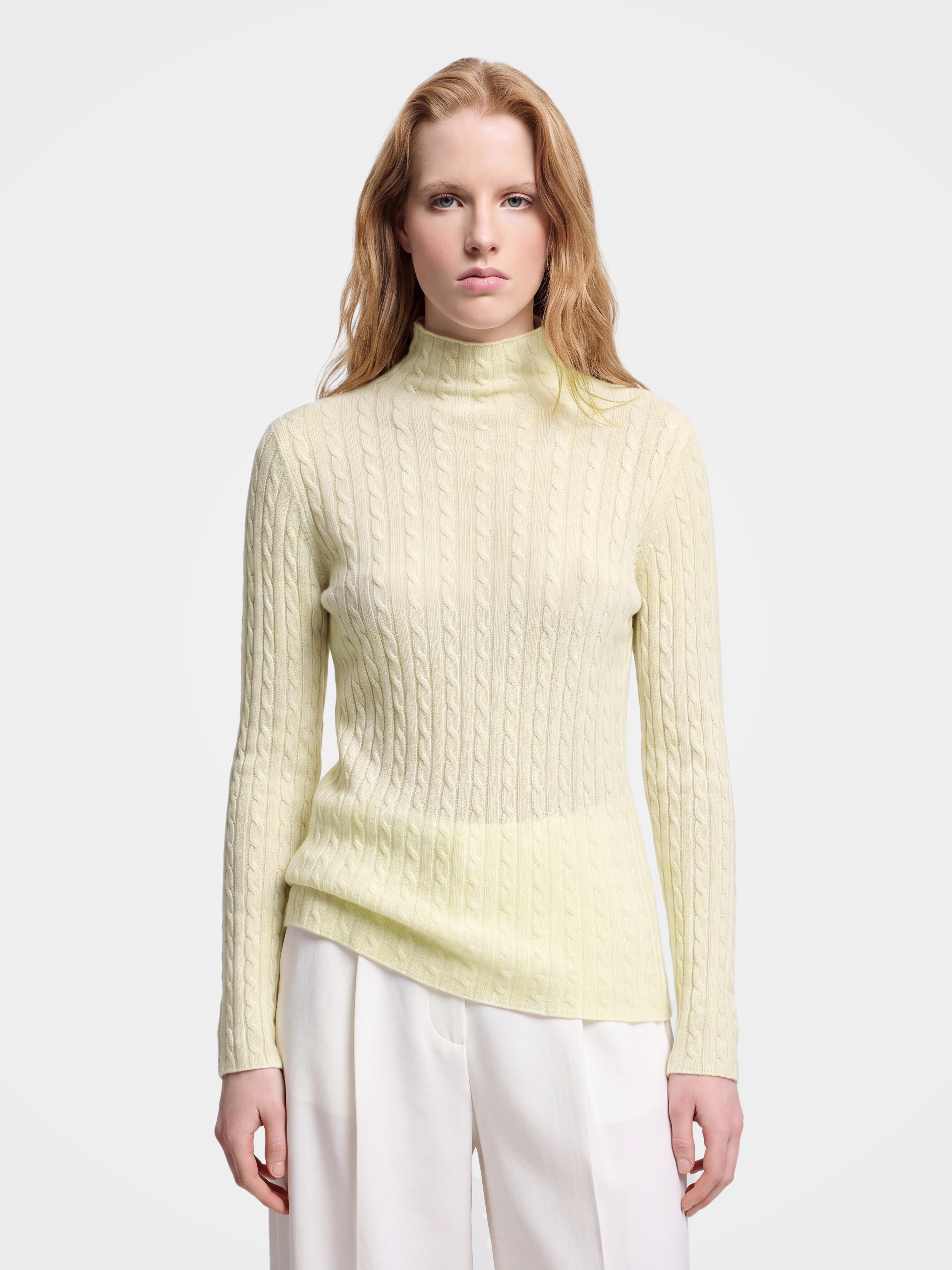Cashmere Blend Cable Knit Mock Neck Sweater