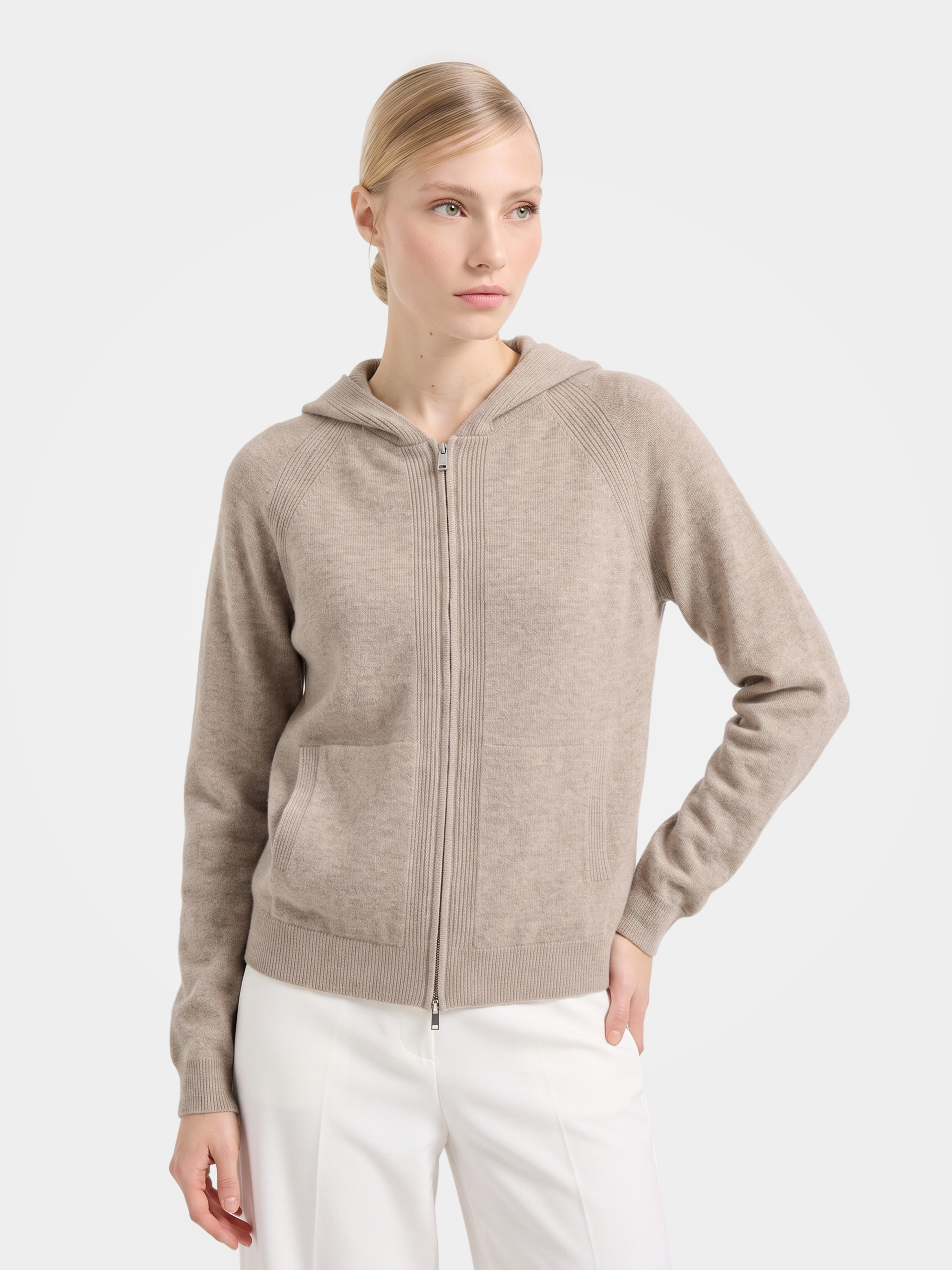 Women's 100% Cashmere Zip-Up Hooded Cardigan - Long Sleeve Knit Hoodie with Pockets