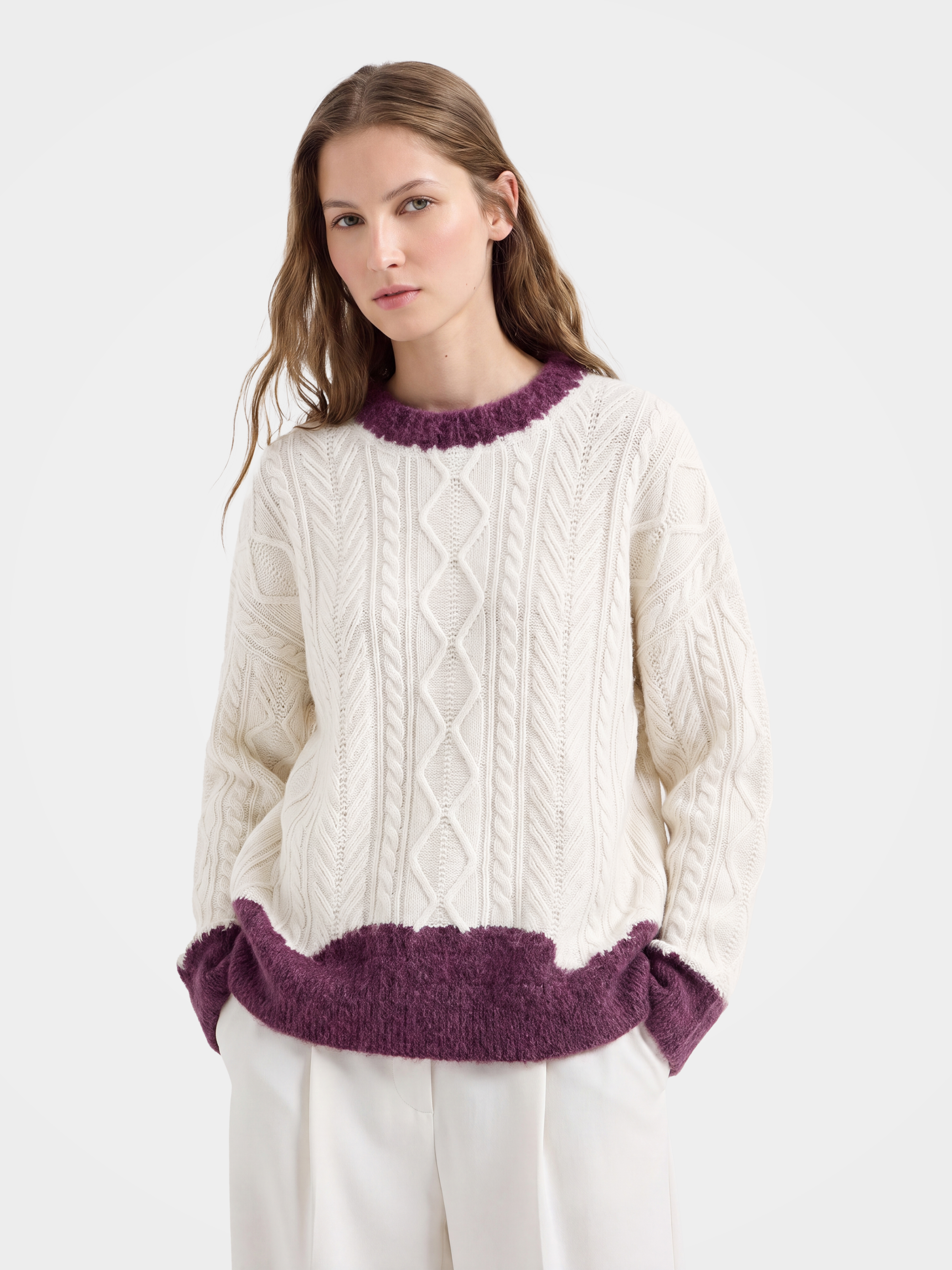 100% Cashmere Cable Knit Sweater with Contrast Brushed Trim