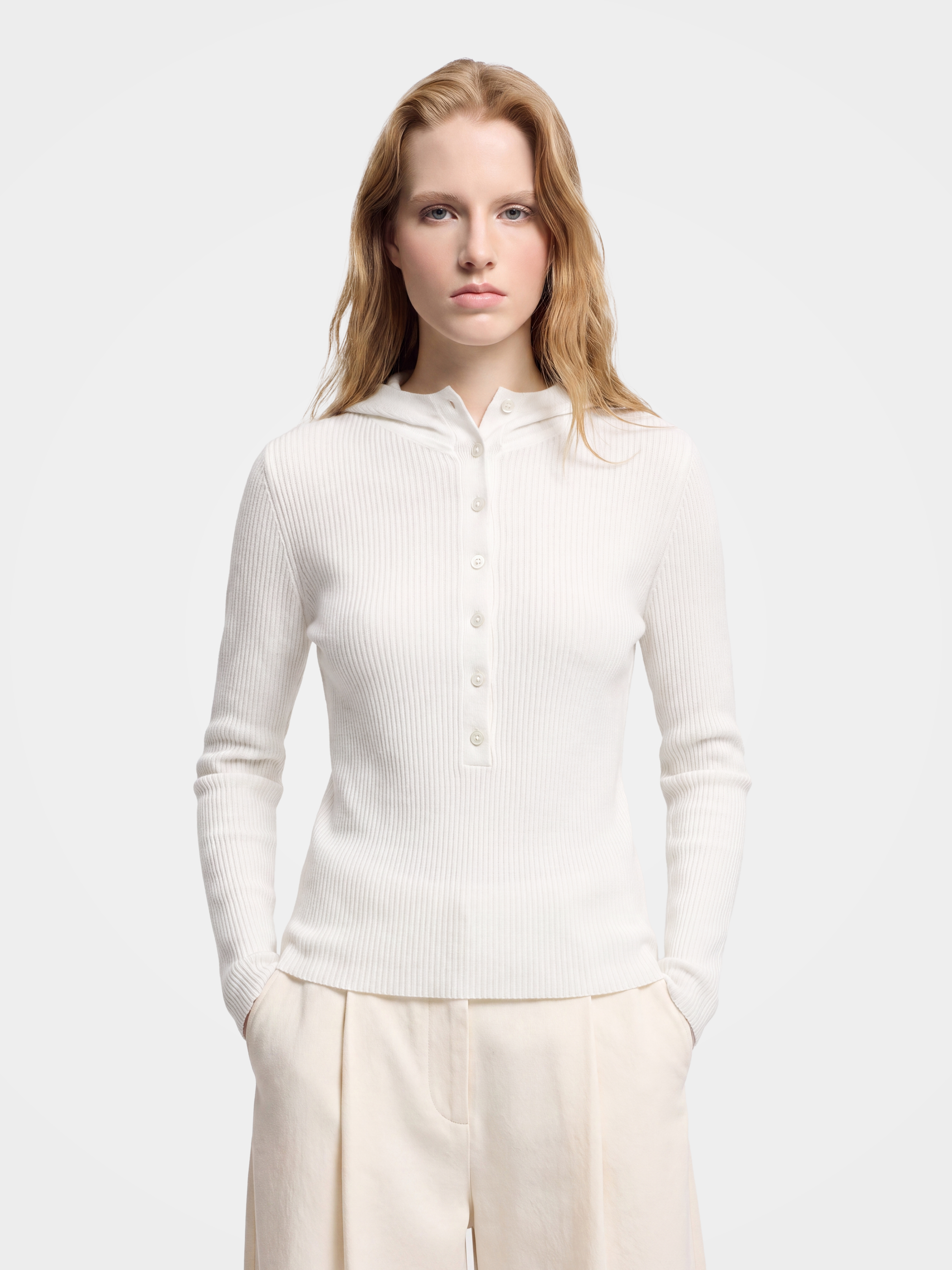 Cashmere Wool Blend Ribbed Hooded Sweater Slim Fit Long Sleeve Knit Top