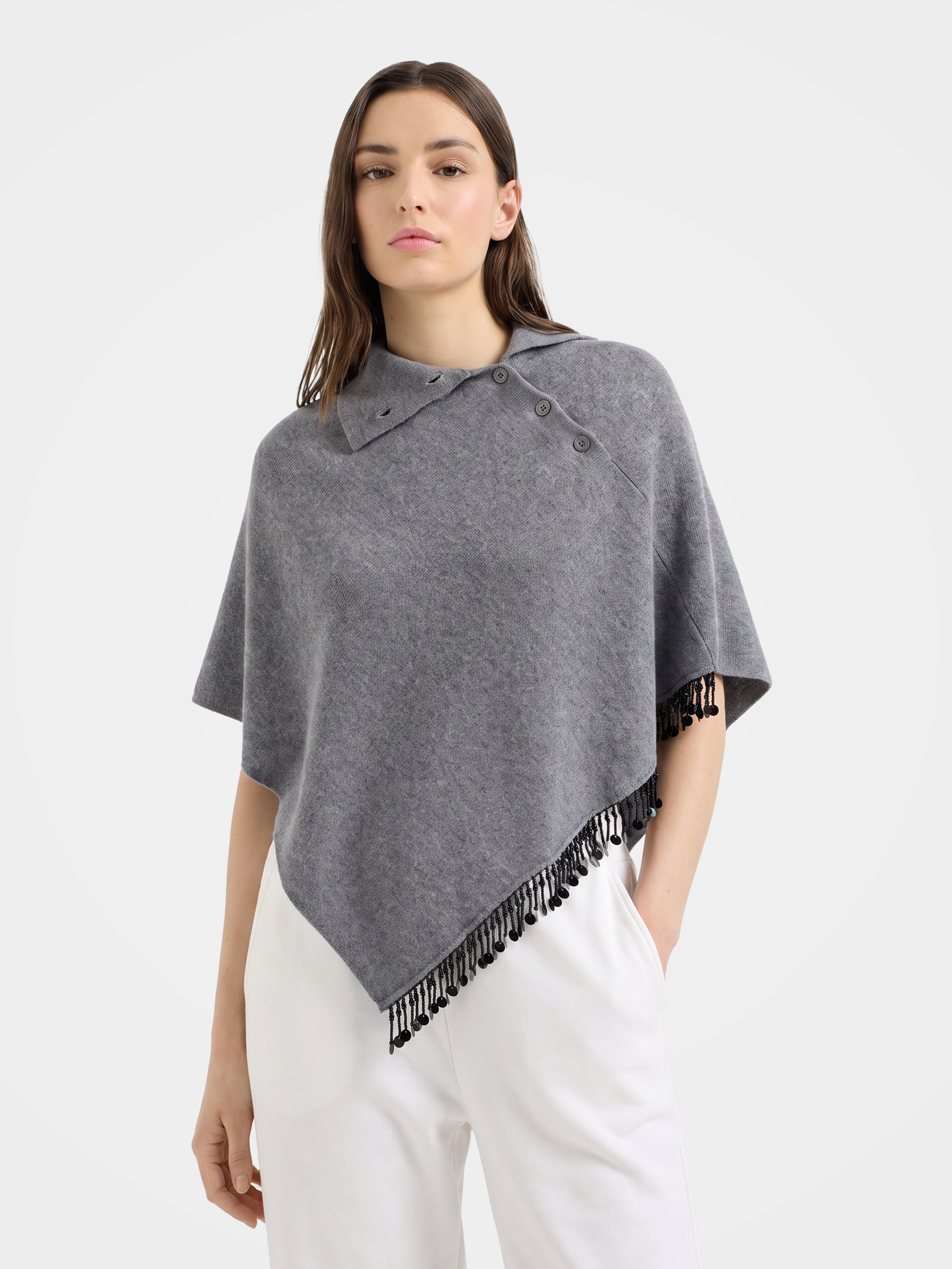 100% Cashmere Buttoned Collared Poncho Cape With Beaded Fringe