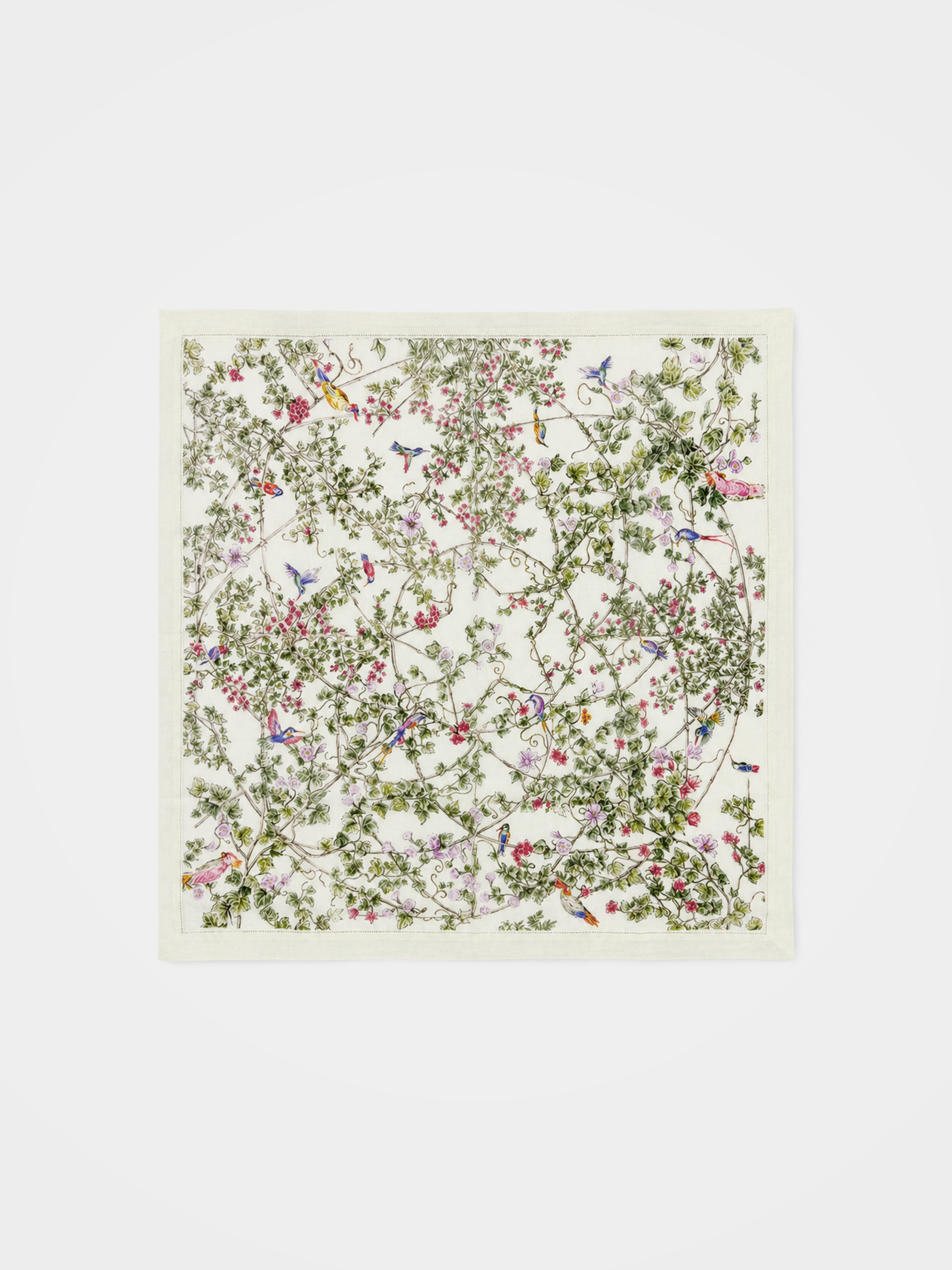 100% Cashmere Textured Floral and Bird Motifs Square Scarf