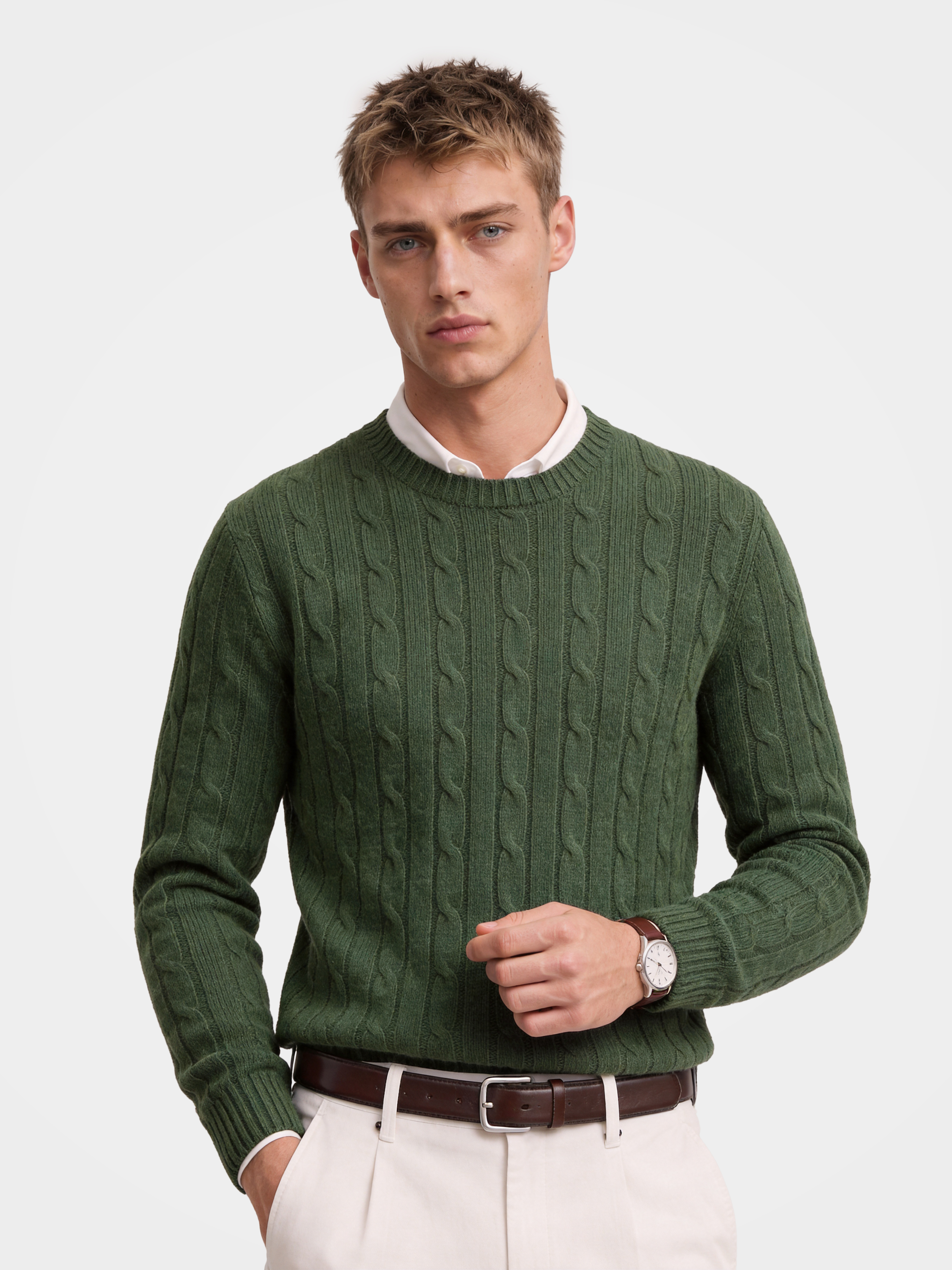 Men’s 100% Cashmere Crew Neck Cable Knit Sweater