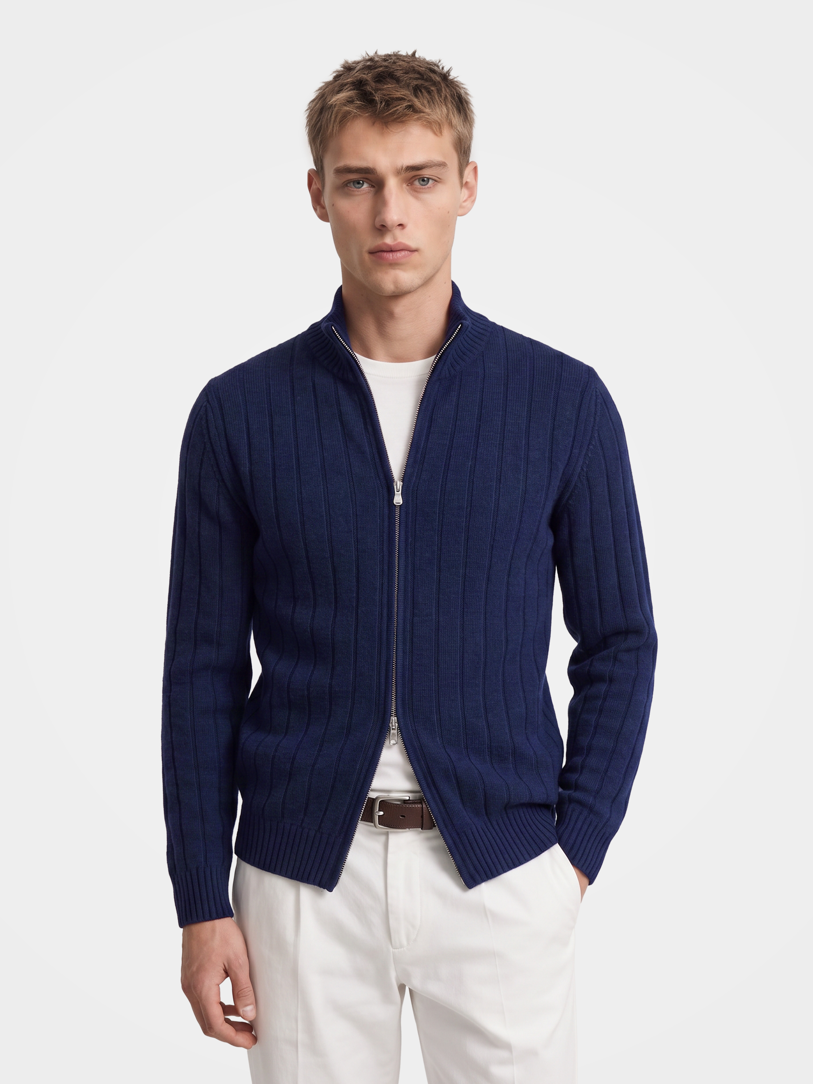 Men’s 100% Cashmere Mock Neck Zip Rib Knit Cardigan