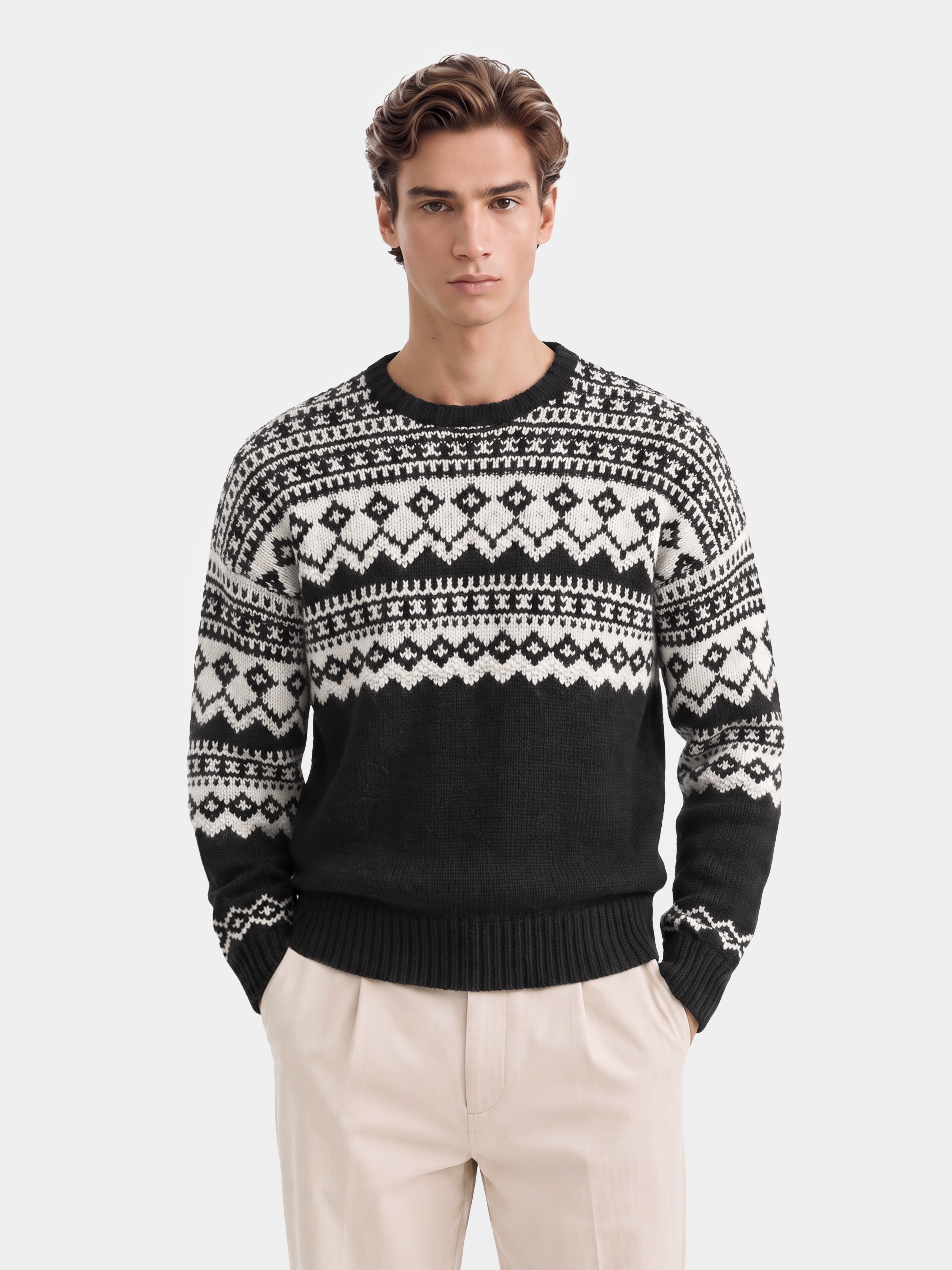 Pre-Order | Men’s 100% Cashmere Crew Neck Fair Isle Knit Cardigan (10-14 Business Days)