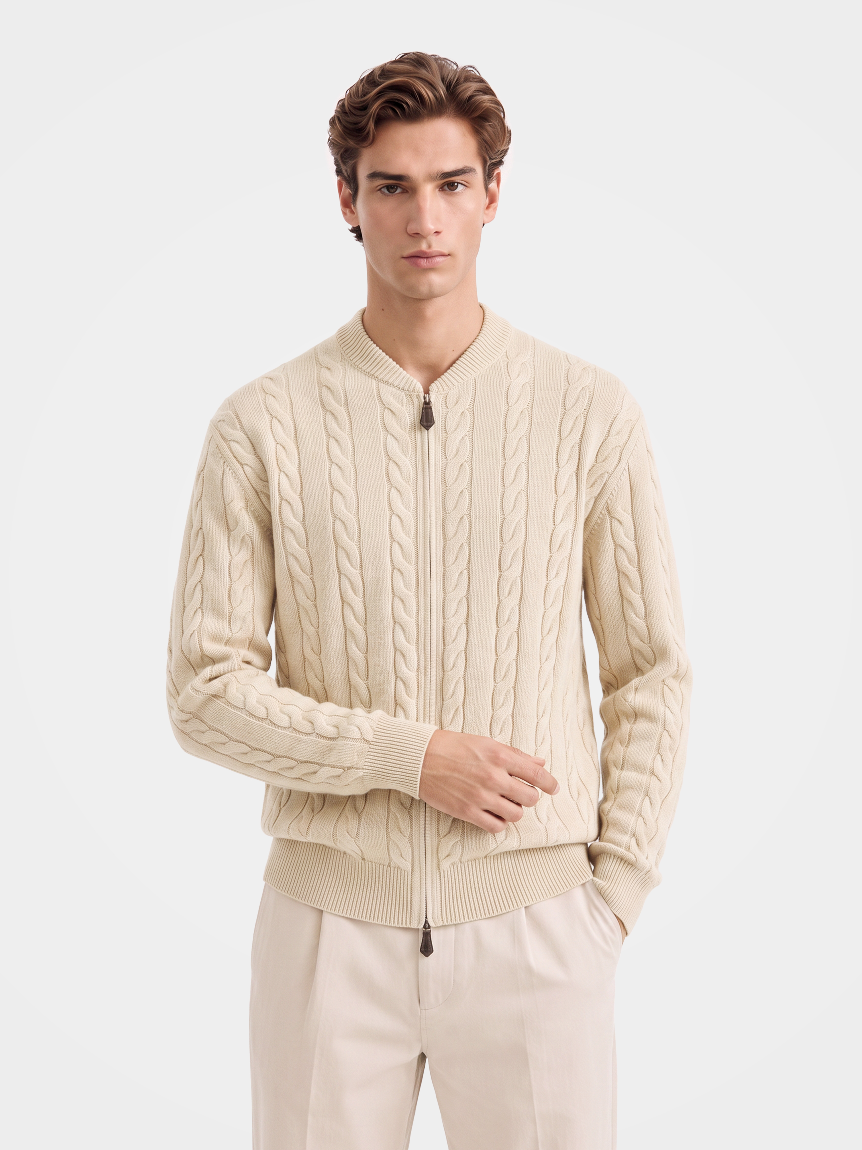 Pre-Order | Men’s 100% Cashmere Baseball Collar Zip Cable Knit Cardigan (10-14 Business Days)