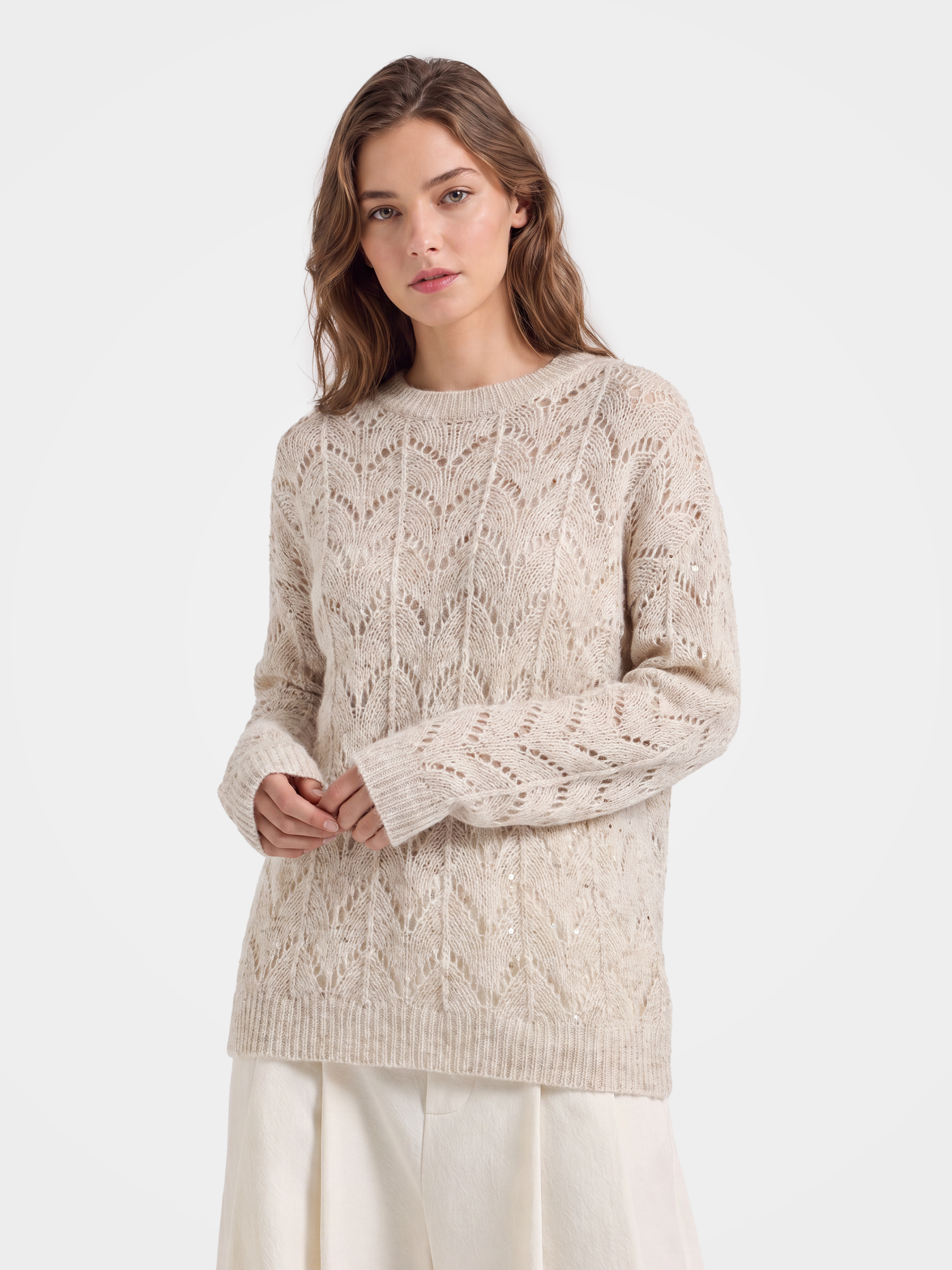 Cashmere Openwork Knit Crew Neck Sequin Sweater