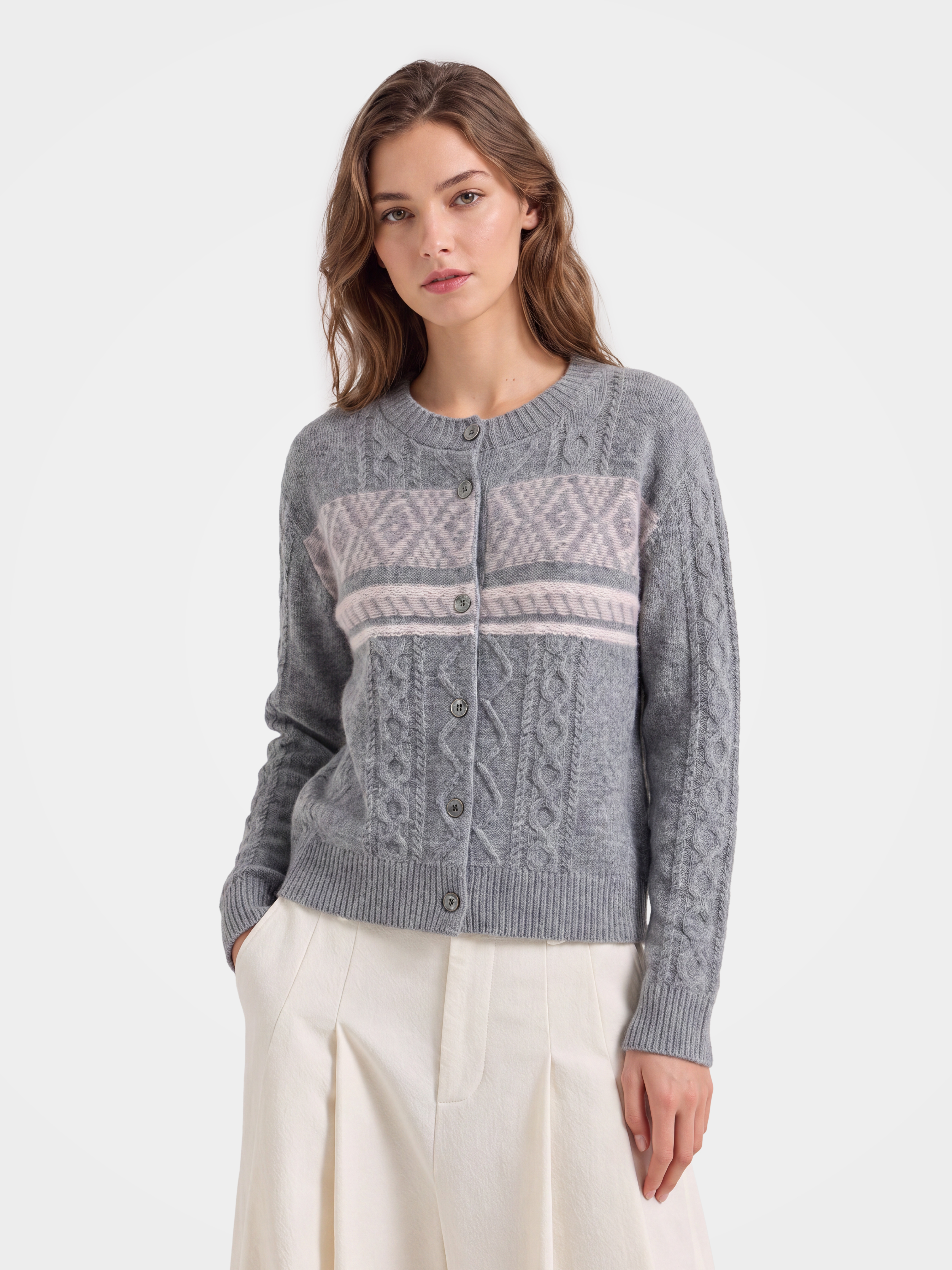 Women's 100% Cashmere Cable Knit Jacquard Cardigan - Crew Neck Button-Front Sweater