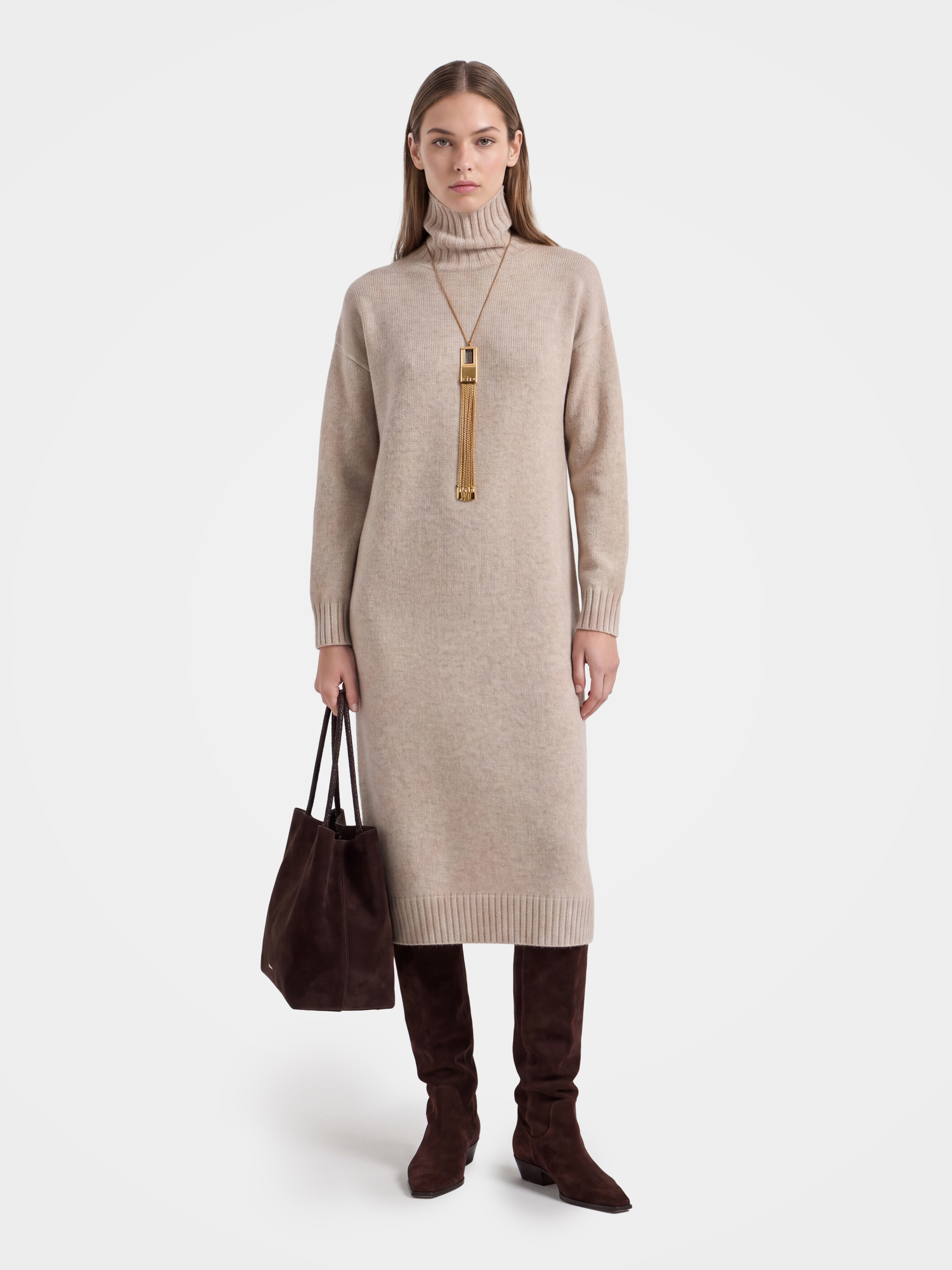 Pre-Order | Luxurious 100% Cashmere Turtleneck Knit Midi Sweater Dress (10-14 Business Days)