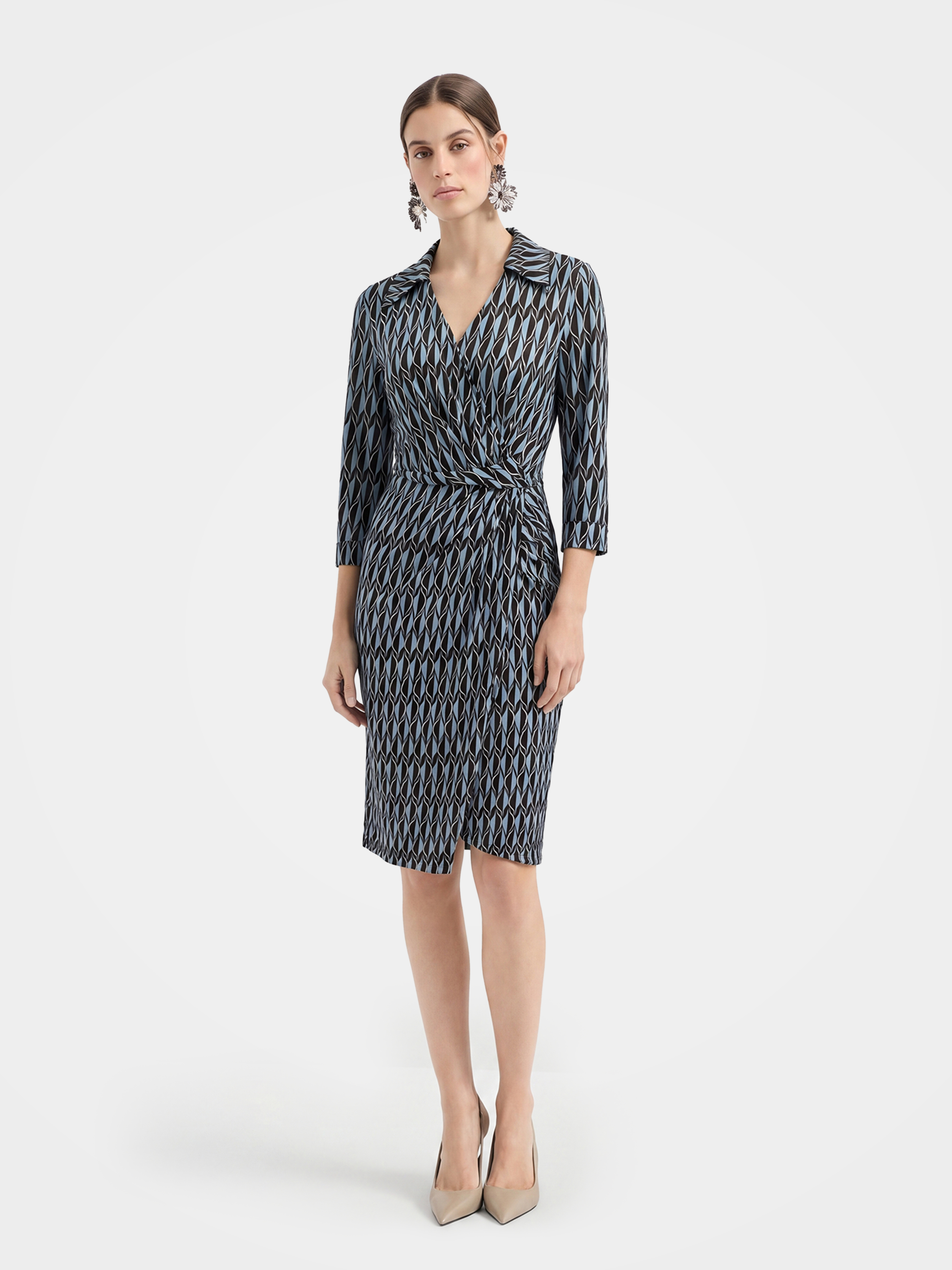 Luxury Mulberry Silk Geometric Wrap Midi Dress