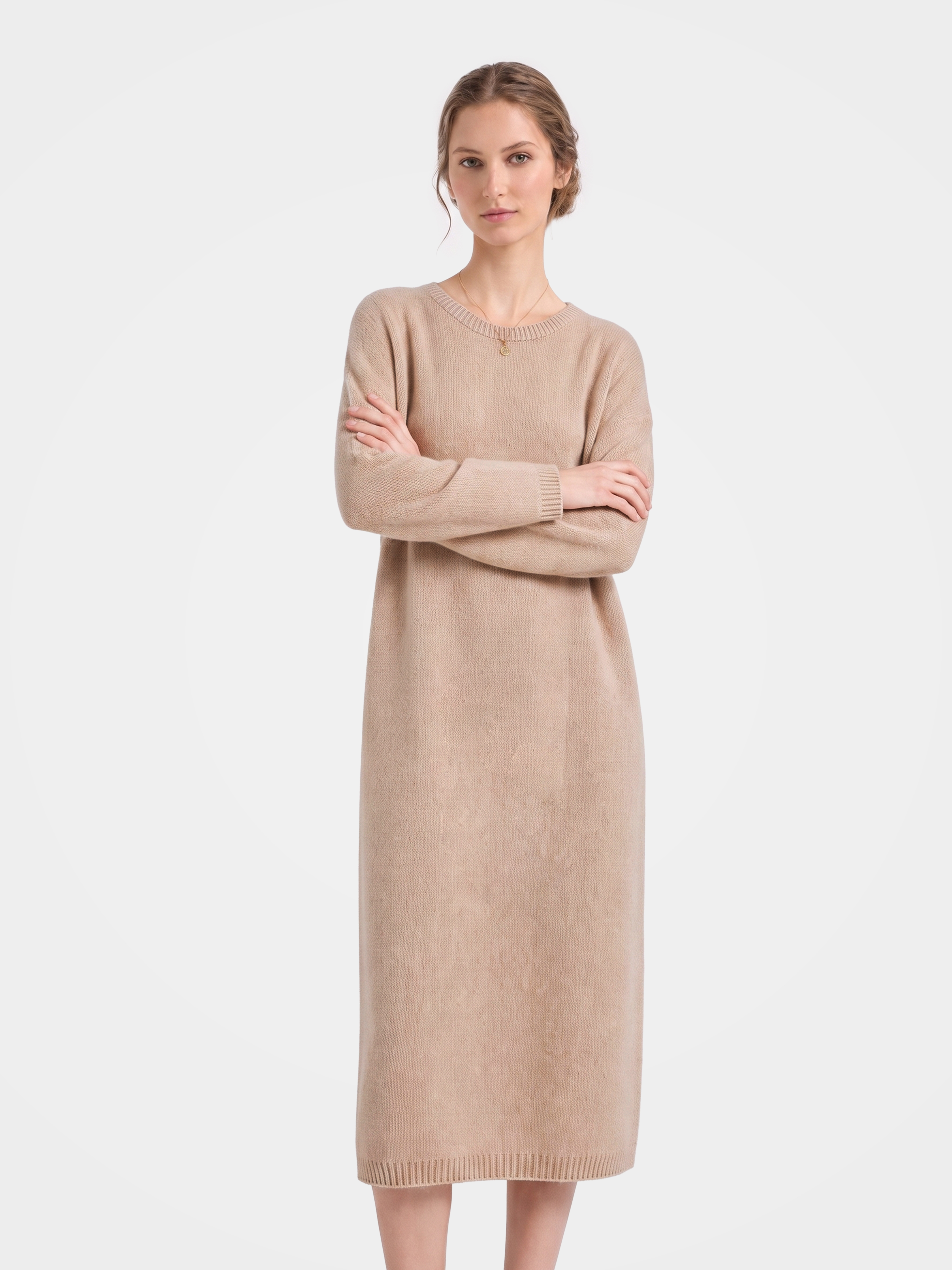 100% Cashmere Long Sleeve Crew Neck Midi Sweater Dress