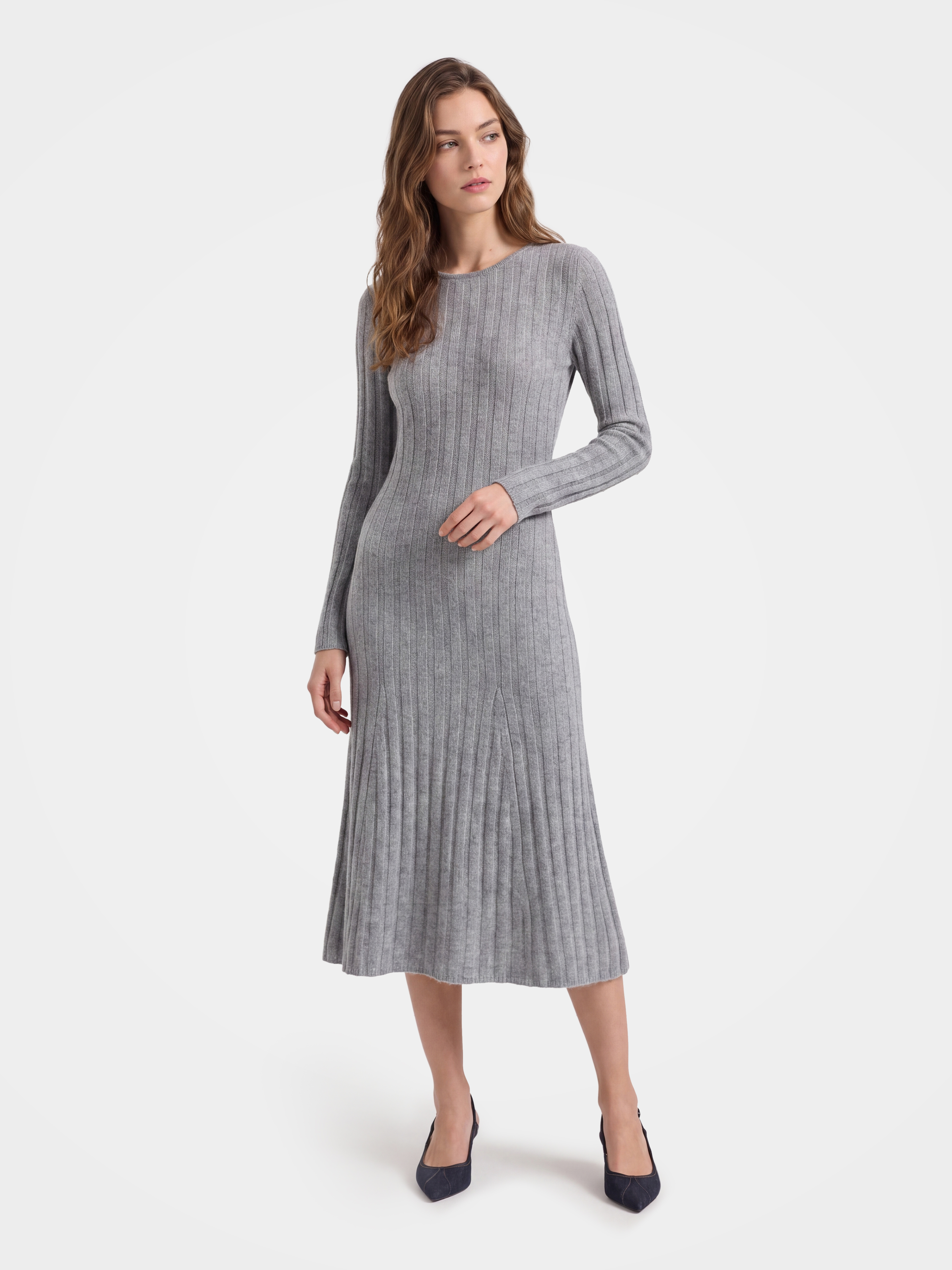 100% Mongolian Cashmere Rib Knit Midi Sweater Dress