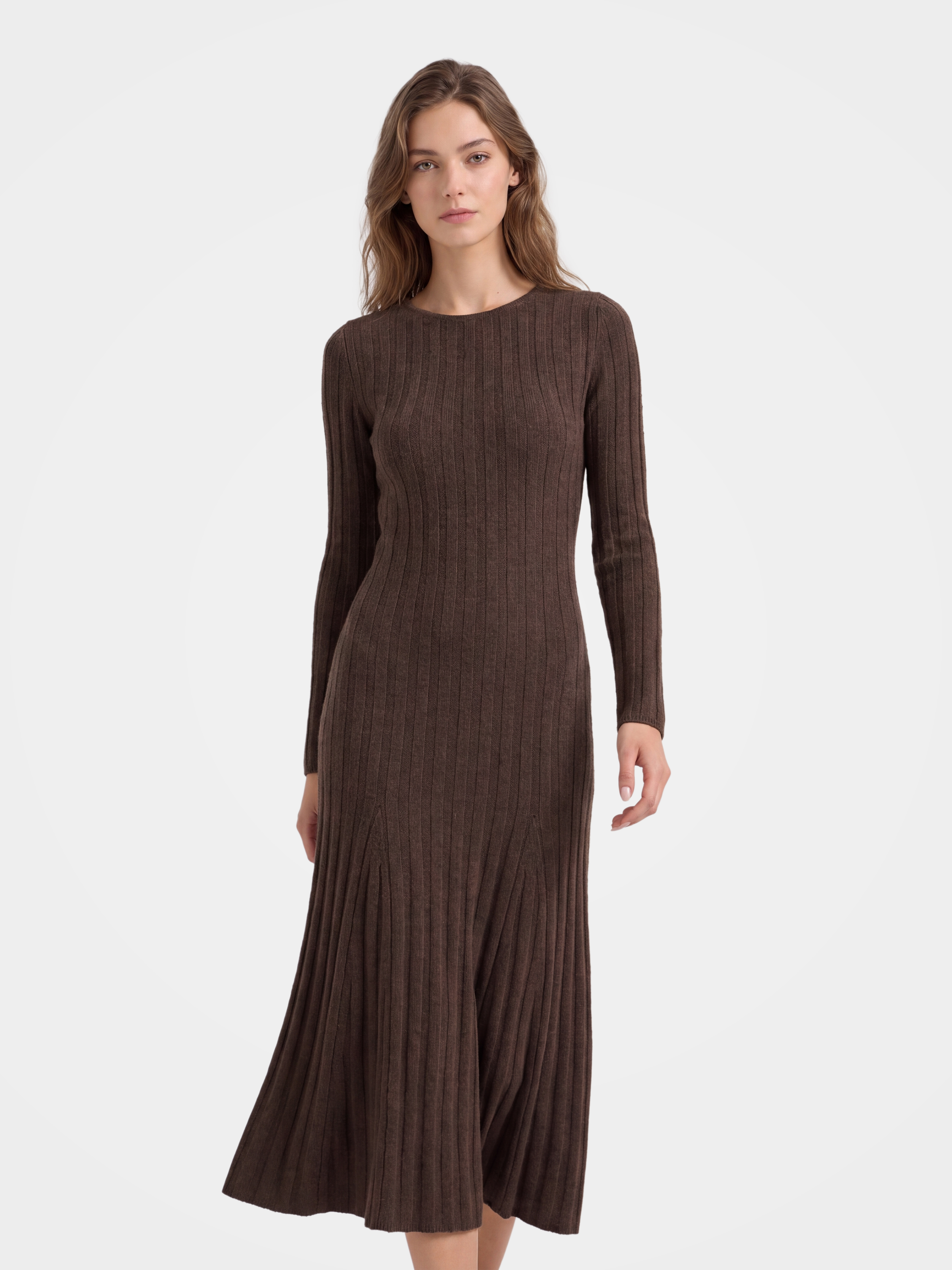 100% Mongolian Cashmere Rib Knit Midi Sweater Dress - Soft Luxury Knit Dress