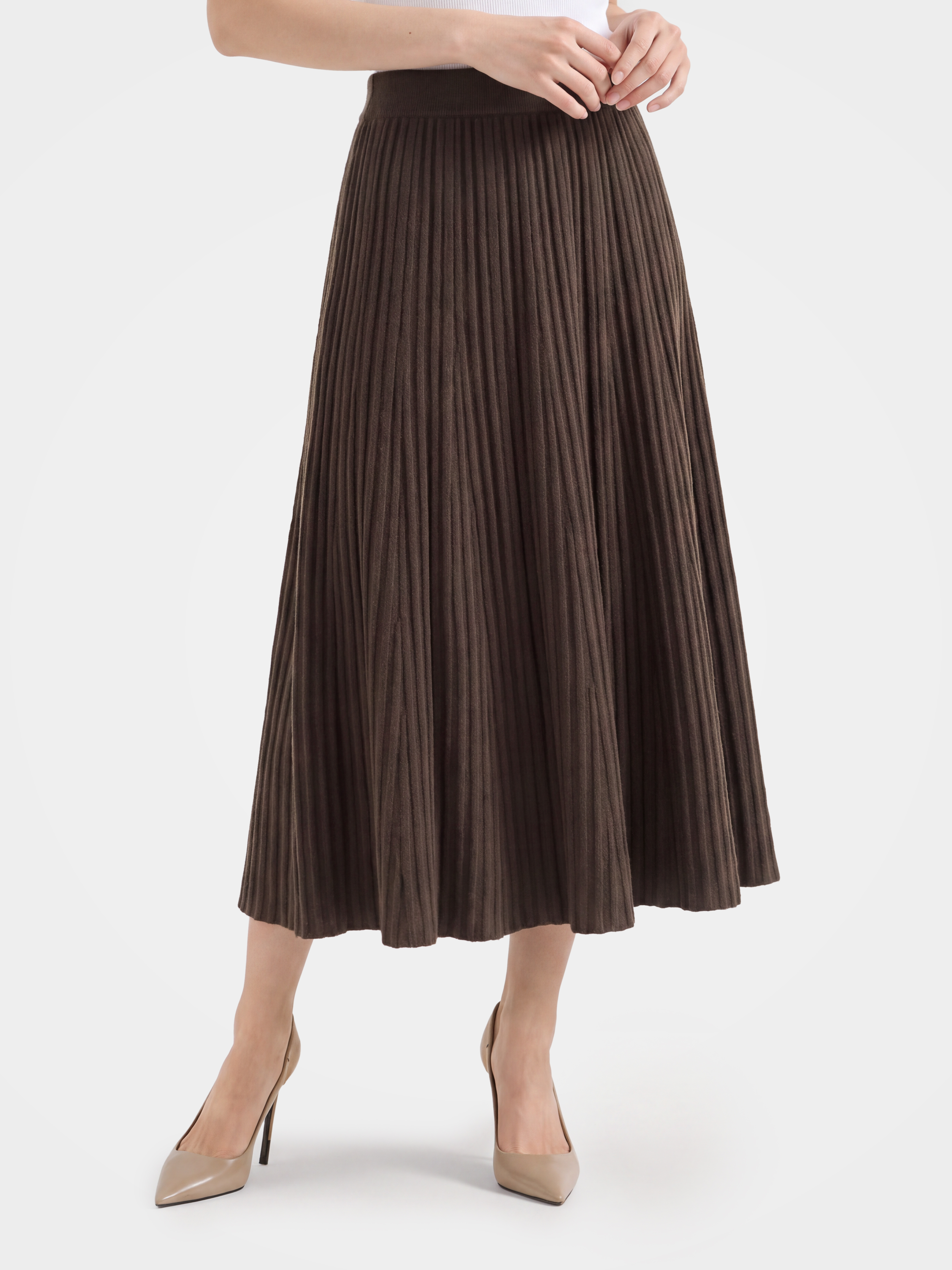 100% Mongolian Cashmere Rib Knit Pleated Midi Skirt