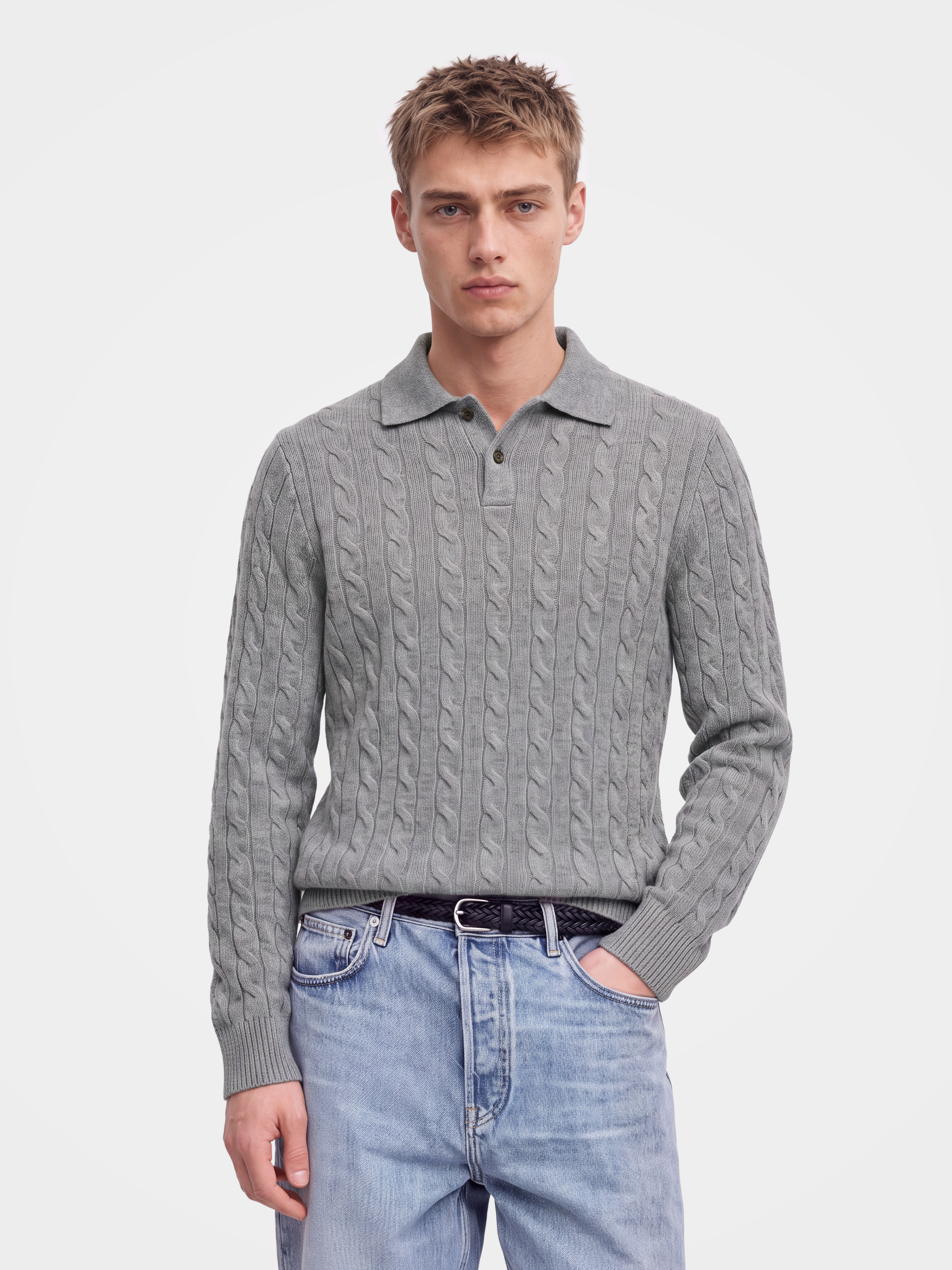Pre-Order | Men's 100% Cashmere Cable Knit Polo Collar Sweater (10-14 Business Days)