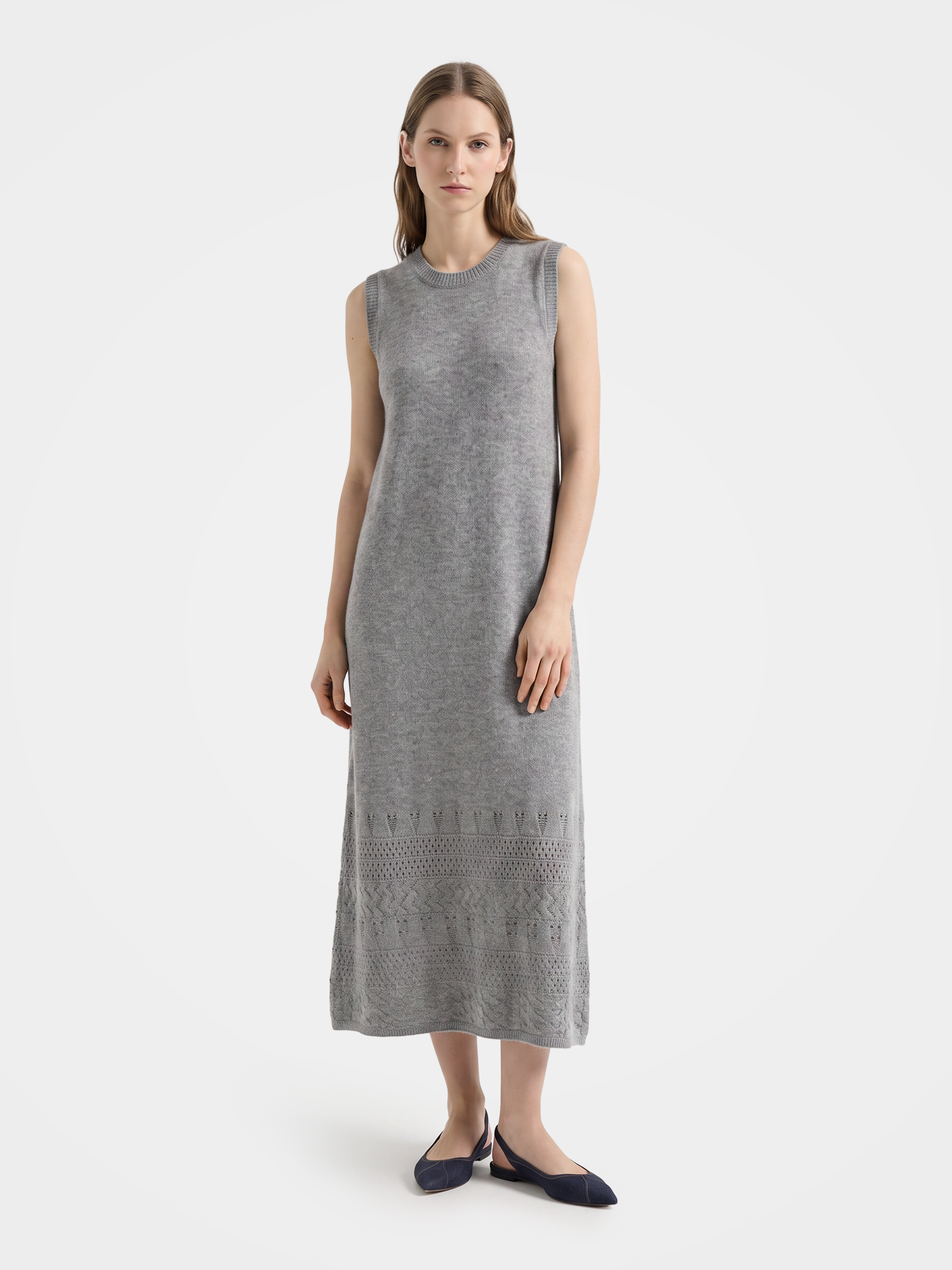 100% Cashmere Sleeveless Openwork Knit Midi Sweater Dress