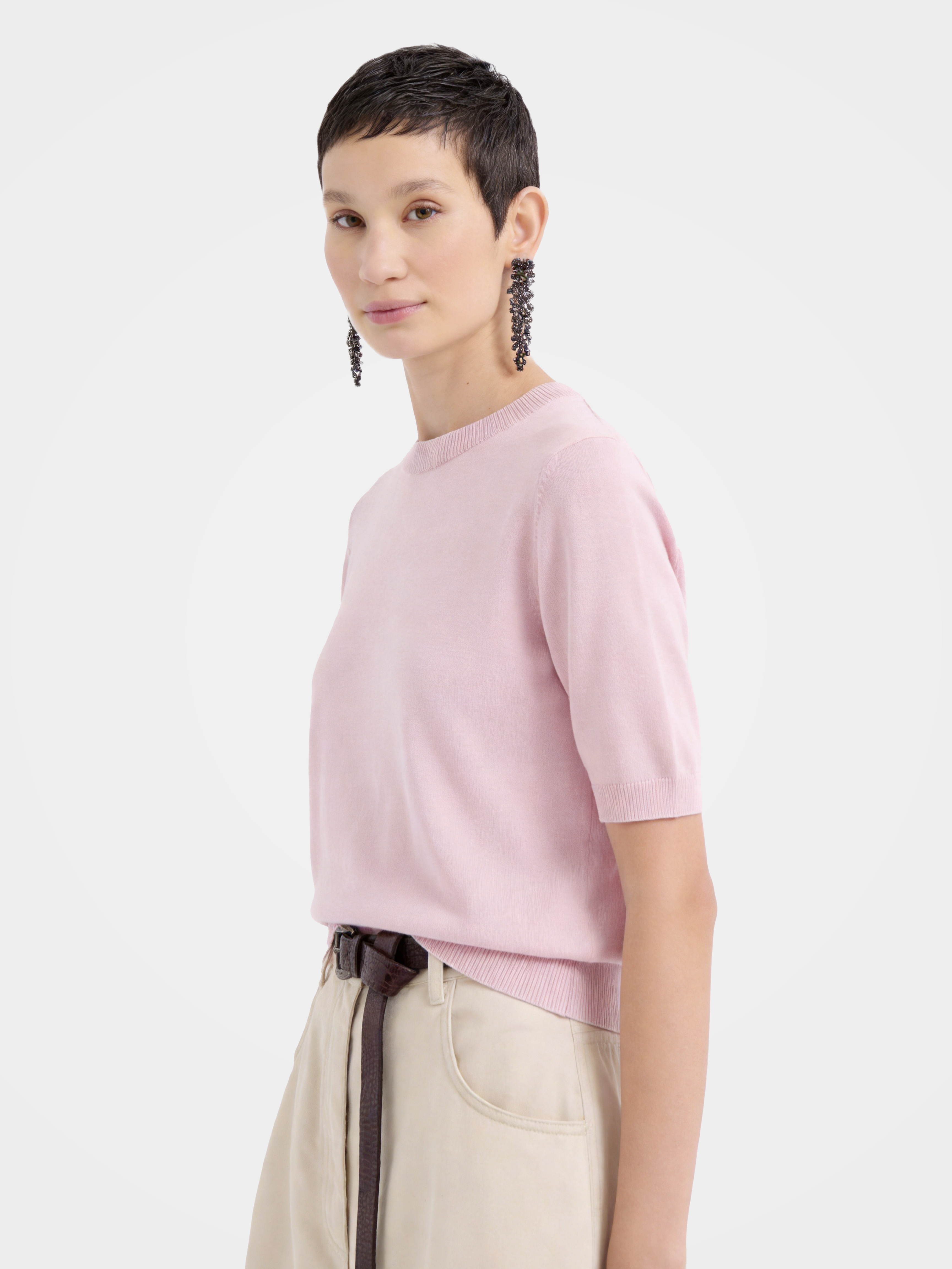 Cashmere Tencel Blend Soft & Lightweight Short Sleeve Knit Top – Crew Neck, Beige/Black/Gray